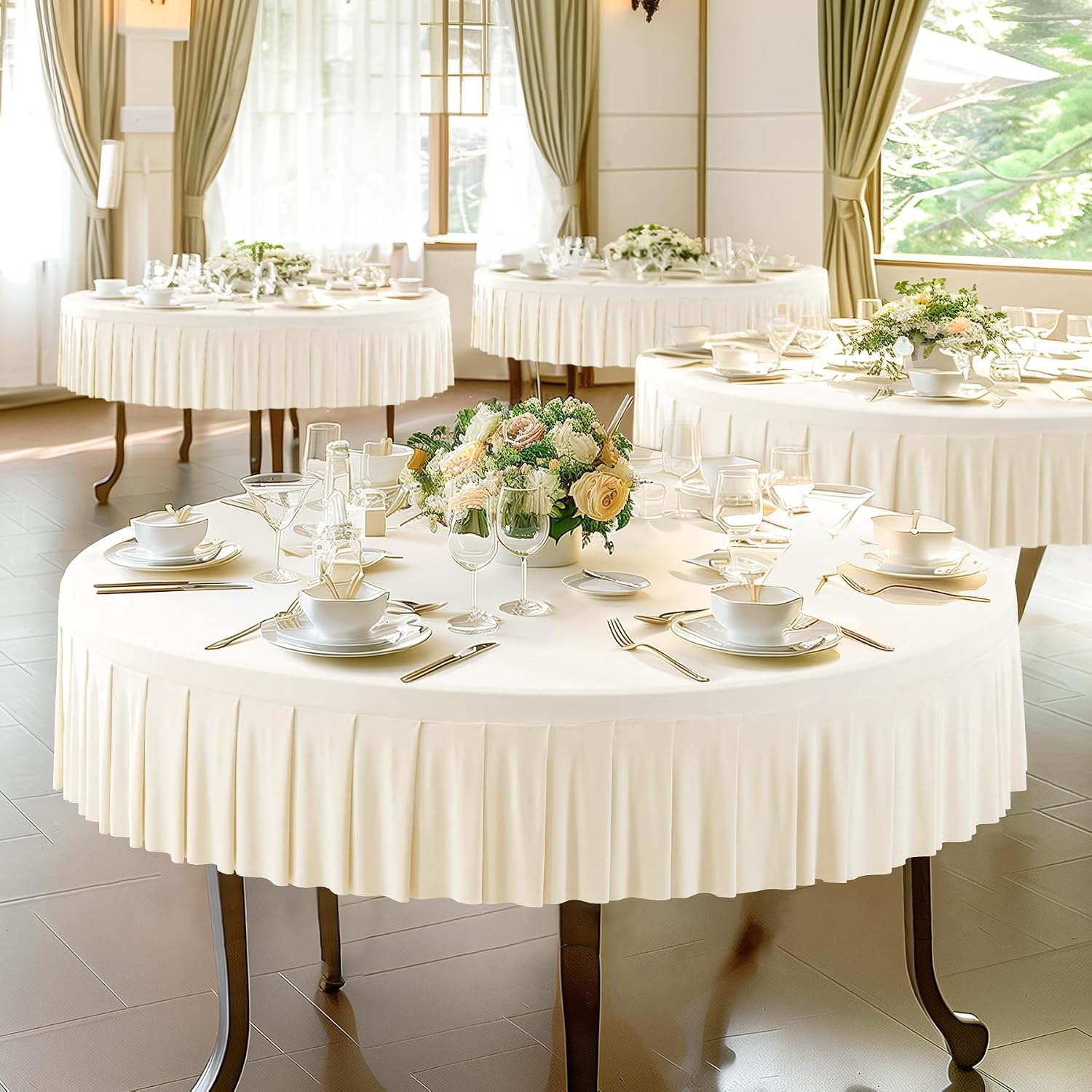 8 Pack Ivory Spandex Round Tablecloths for 60 inch Tables, Stretchy Fitted 5FT Round Table Cloths with Skirt for Wedding Party Dining Banquet