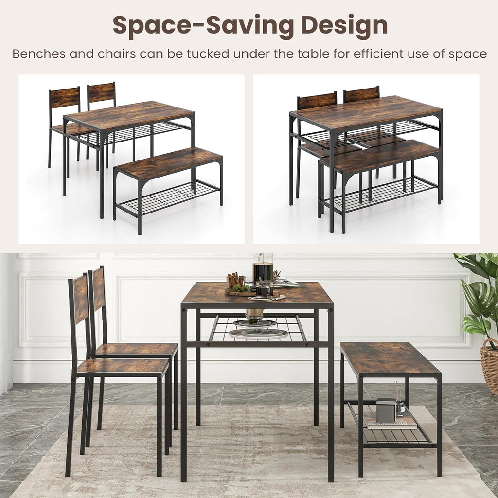 Giantex Dining Table Set for 4, Kitchen Table with Chairs & Bench, Storage Racks, Metal Frame, 4-Piece Space-Saving Dinette Set for Dining Room, Breakfast Nook, Small Space, Apartment,Rustic Brown