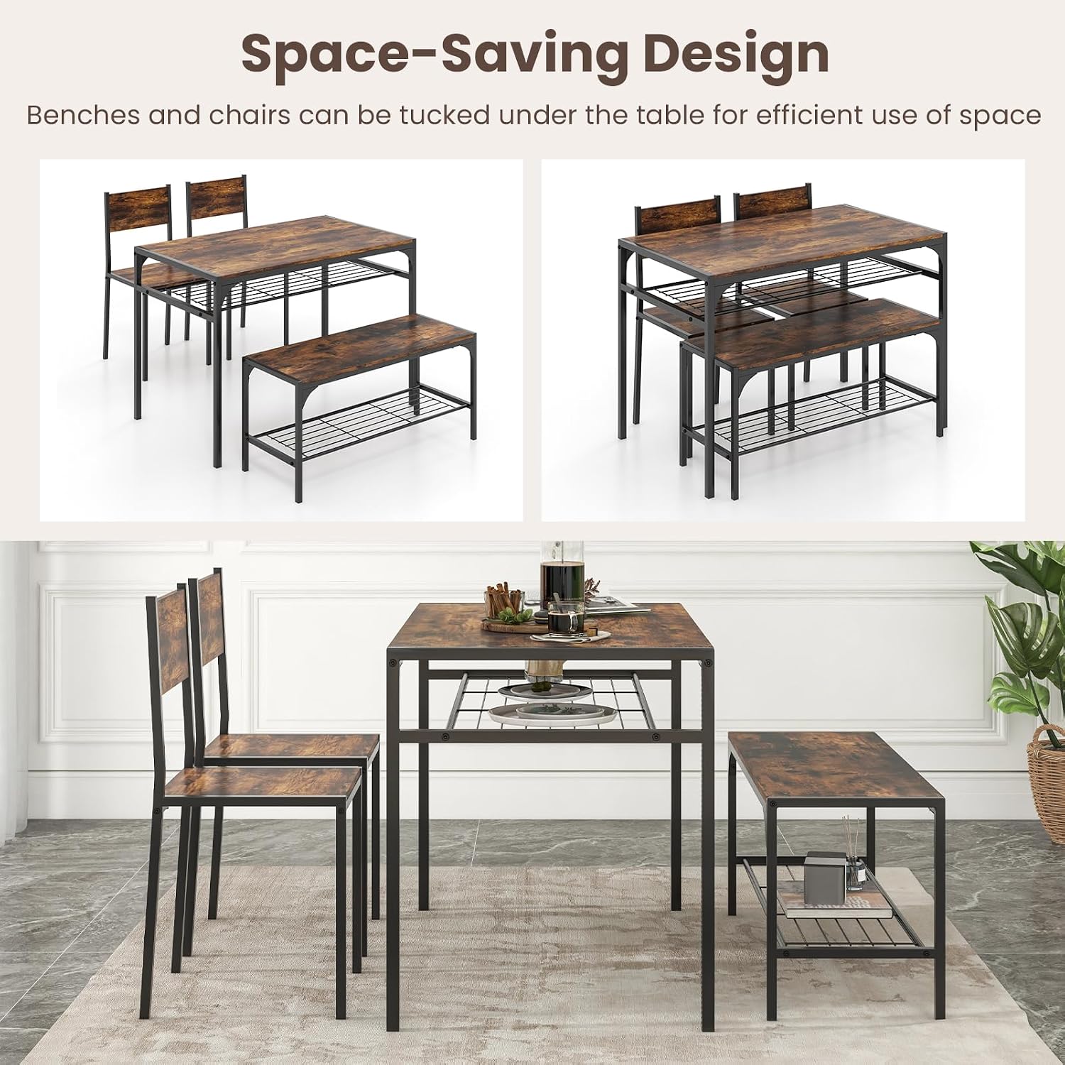 Giantex Dining Table Set for 4, Kitchen Table with Chairs & Bench, Storage Racks, Metal Frame, 4-Piece Space-Saving Dinette Set for Dining Room, Breakfast Nook, Small Space, Apartment,Rustic Brown