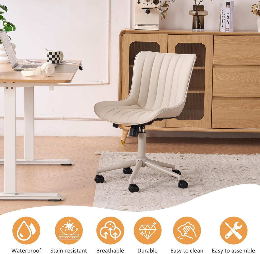 YOUNIKE Home Office Desk Chair with Wheels Armless Vanity Chair with Back Comfy Modern Leather Upholstered Rolling Task Chair Swivel Small Cute Sewing Chair No Arms Wide Adjustable Ergonomic Cream