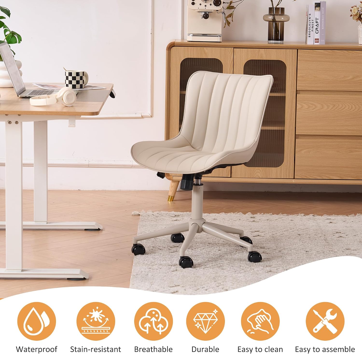 YOUNIKE Home Office Desk Chair with Wheels Armless Vanity Chair with Back Comfy Modern Leather Upholstered Rolling Task Chair Swivel Small Cute Sewing Chair No Arms Wide Adjustable Ergonomic Cream
