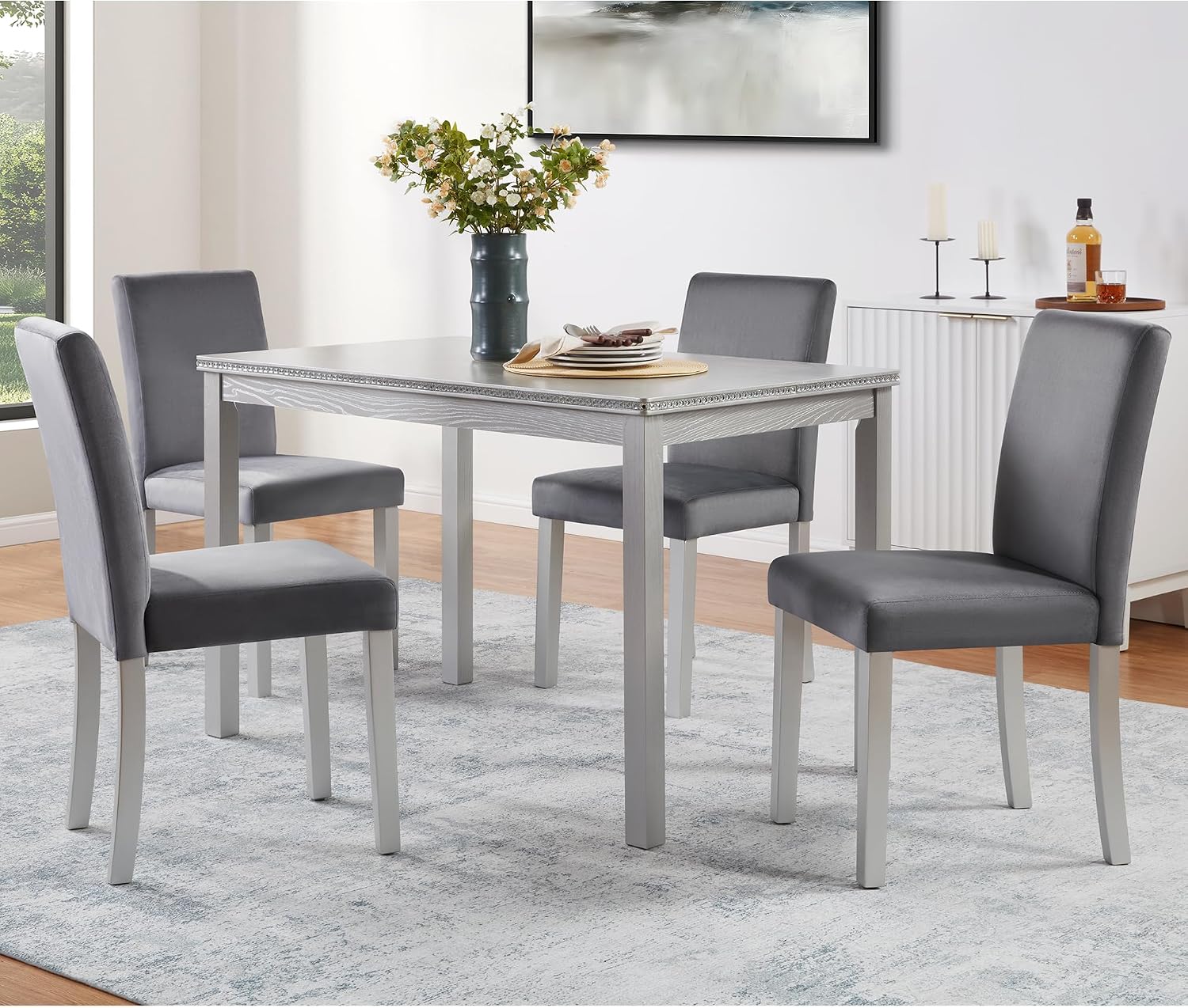 KEIKI 5-Piece Standard Height Dining Table Set with Rectangular Table and 4 Upholstered Chair, for 4 Person, Crystal Decoration Wooden Table Set, Easy Assembly, for Kitchen, Dining Room, Silver Grey
