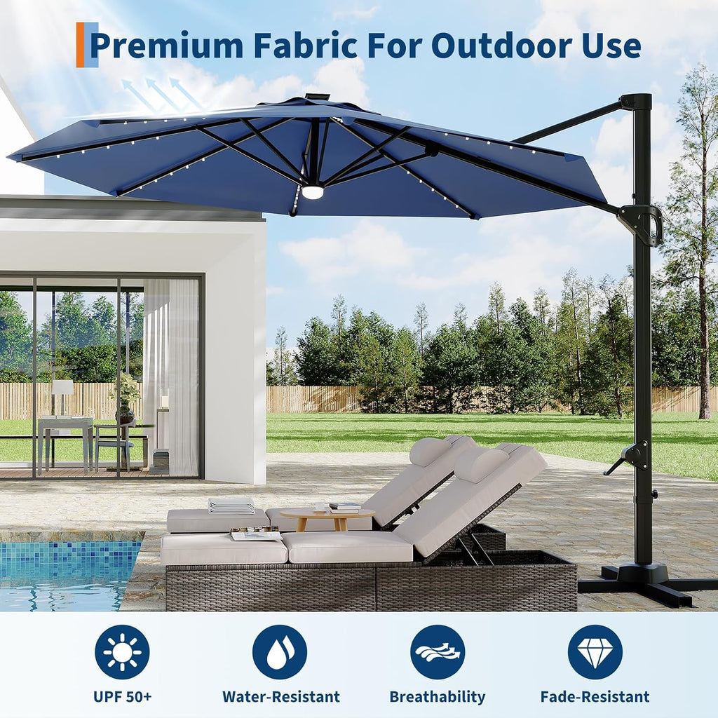 Garvee 10 ft Cantilever Patio Umbrella with Solar Lights, 360° Rotation Offset Umbrella, Easy Crank & Tilt Adjustment, UV Protection for Backyard, Poolside, Deck -Navy Blue