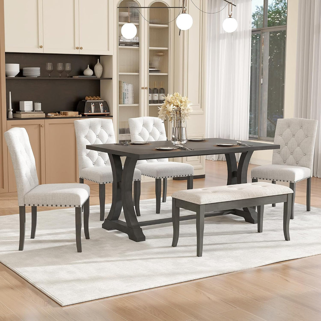 Harper & Bright Designs Classic and Traditional Style 6 - Piece Dining Set, Includes Dining Table, 4 Upholstered Chairs & Bench(Antique Gray1)