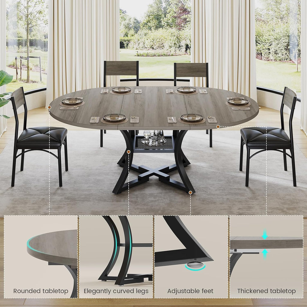 Itaar Round Extendable Dining Table Set for 4-6 People, 5-Piece Kitchen Table Set with 4 Cushion Chairs, Dining Room Table for 6 with MDF Board & Metal Frame for Small Space, Easy Clean, Grey