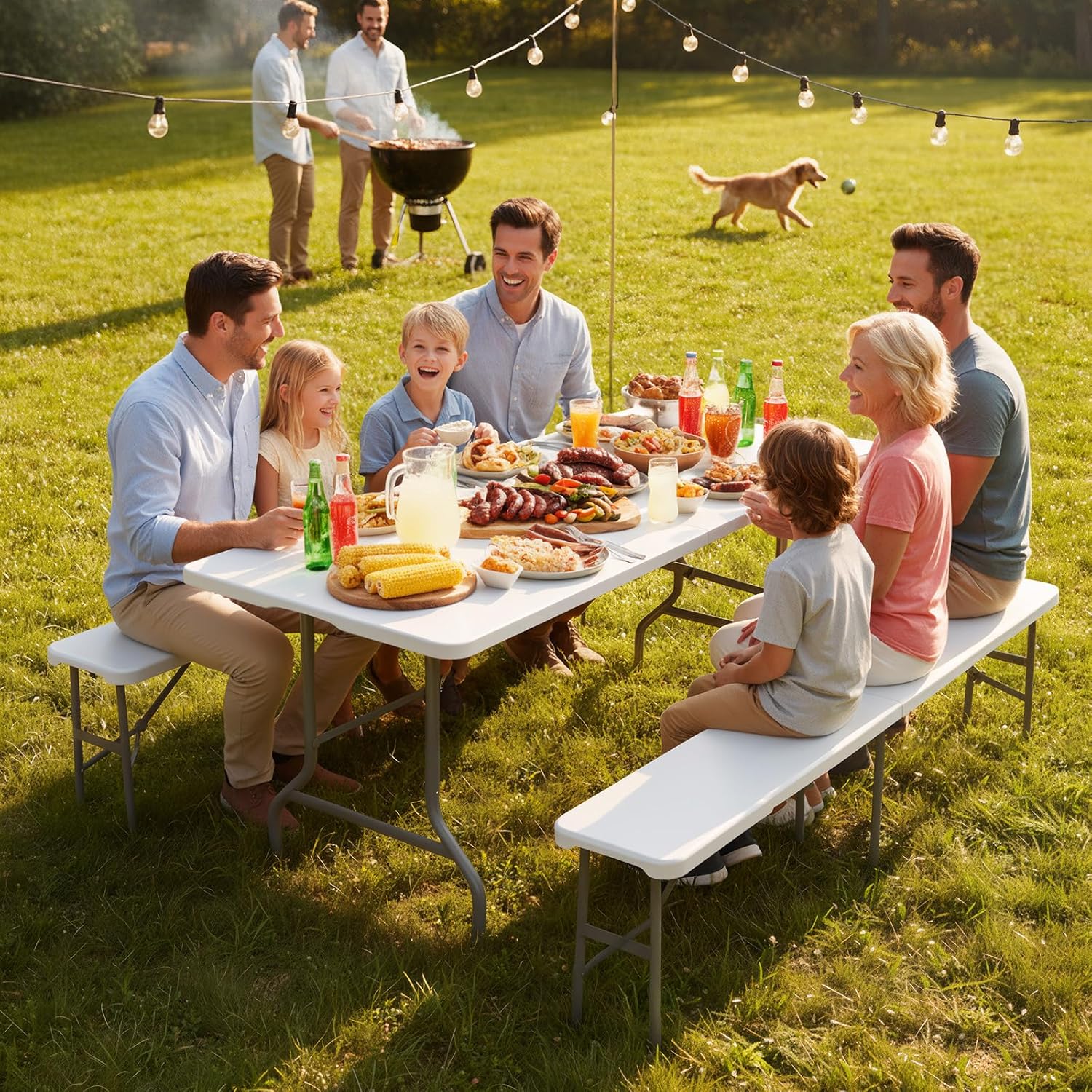 Bonnlo White Folding Picnic Table Set with 2 Benches, 6 Feet Camping Table Chair Set, Modern Portable 3-Piece Furniture for Indoor/Outdoor Use, White Folding Picnic Table with Smooth Tabletop