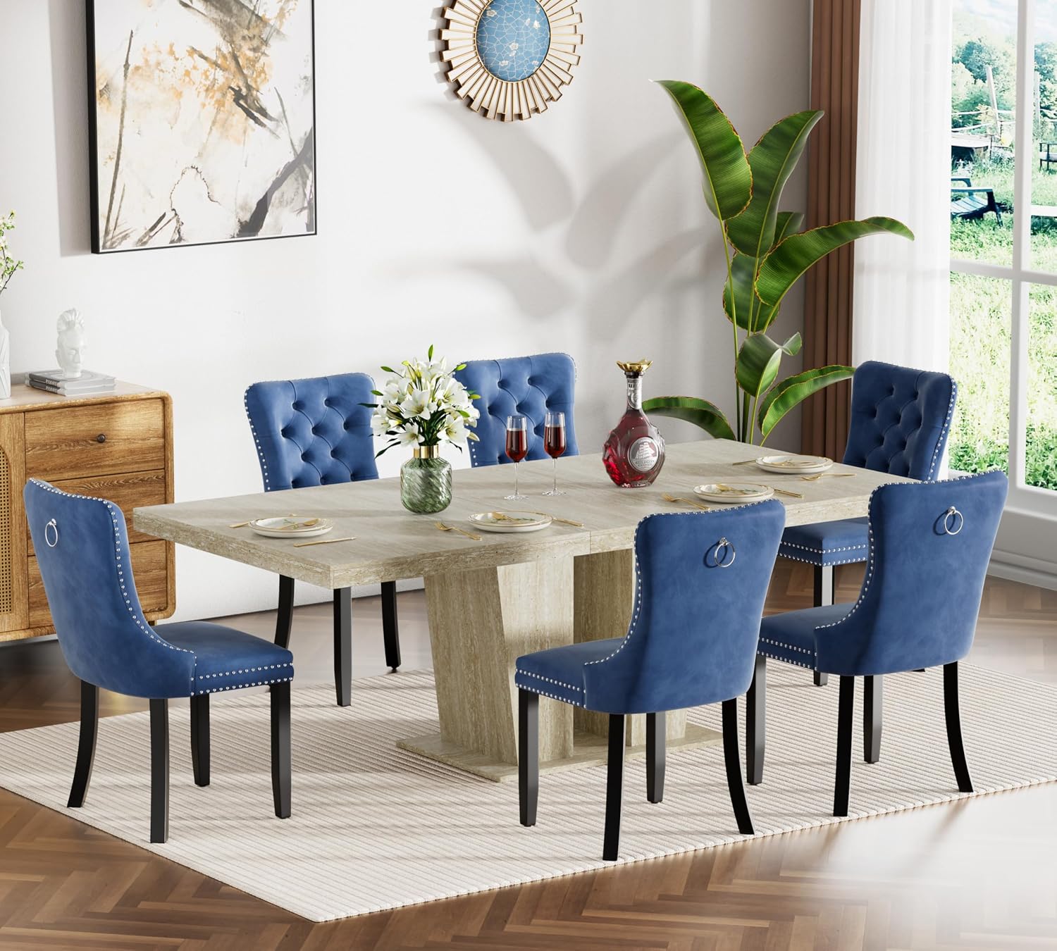 Henf 7 Pieces Extendable Dining Table Set for 6, 63'-79' Faux Mars Kitchen Table Set with 6 Blue Chairs, Faux Marble Expandable Dining Room Tables Set for 6,Modern Dinner Tables Set for 6
