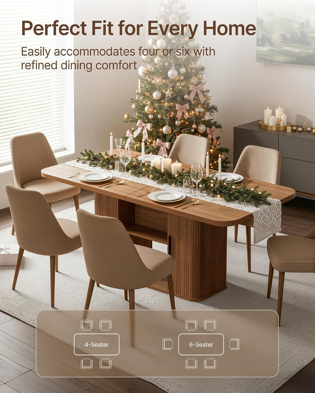 SUNCOZE Mid-Centur Dinner Tables for 4/6/8, 70.9' Rectangle Dining Room Table with Large Tabletop and Sliding Tambour Doors, Fluted Dining Table 2-Layer Storage for Kitchen and Living Room, Walnut