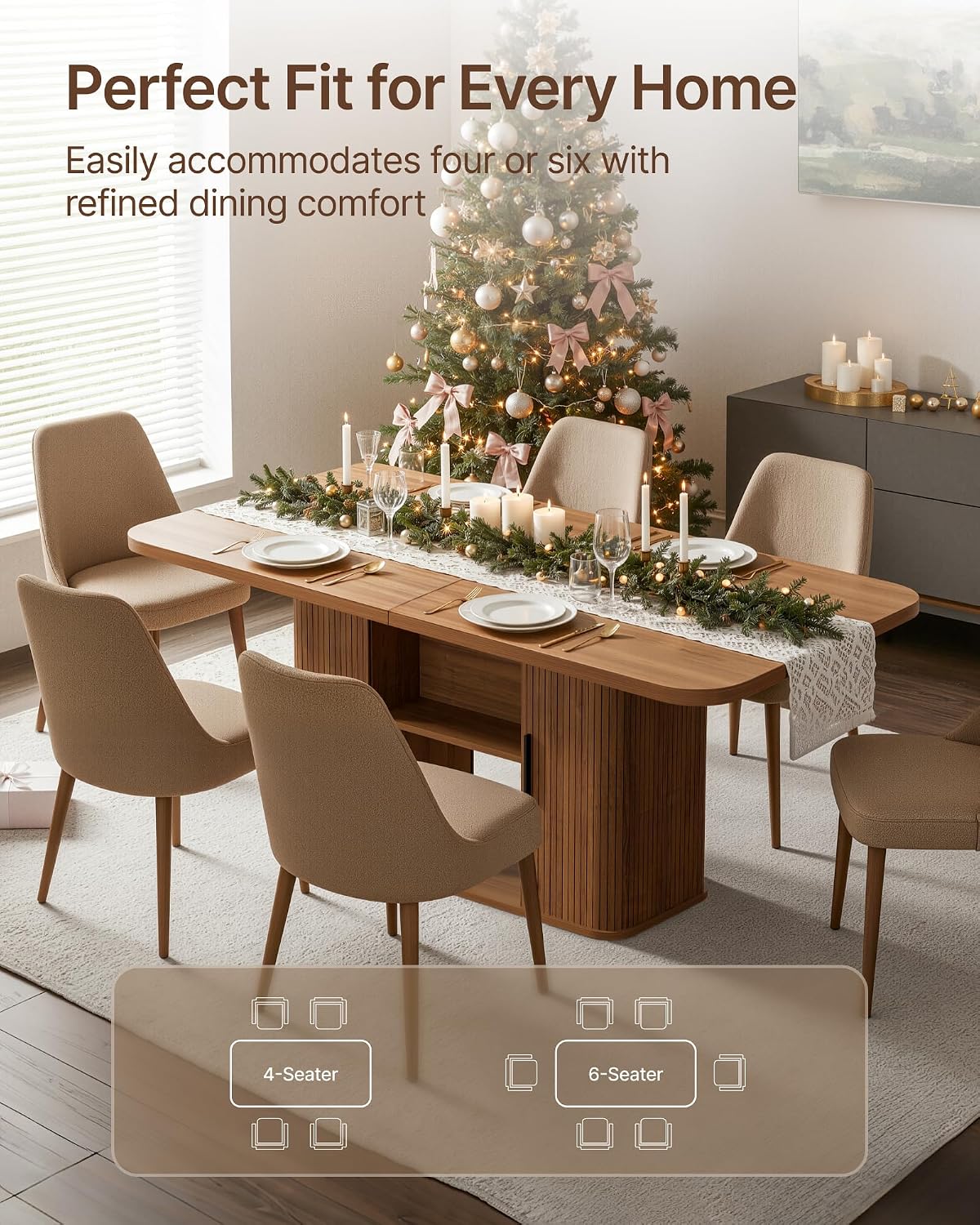 SUNCOZE Mid-Centur Dinner Tables for 4/6/8, 70.9' Rectangle Dining Room Table with Large Tabletop and Sliding Tambour Doors, Fluted Dining Table 2-Layer Storage for Kitchen and Living Room, Walnut