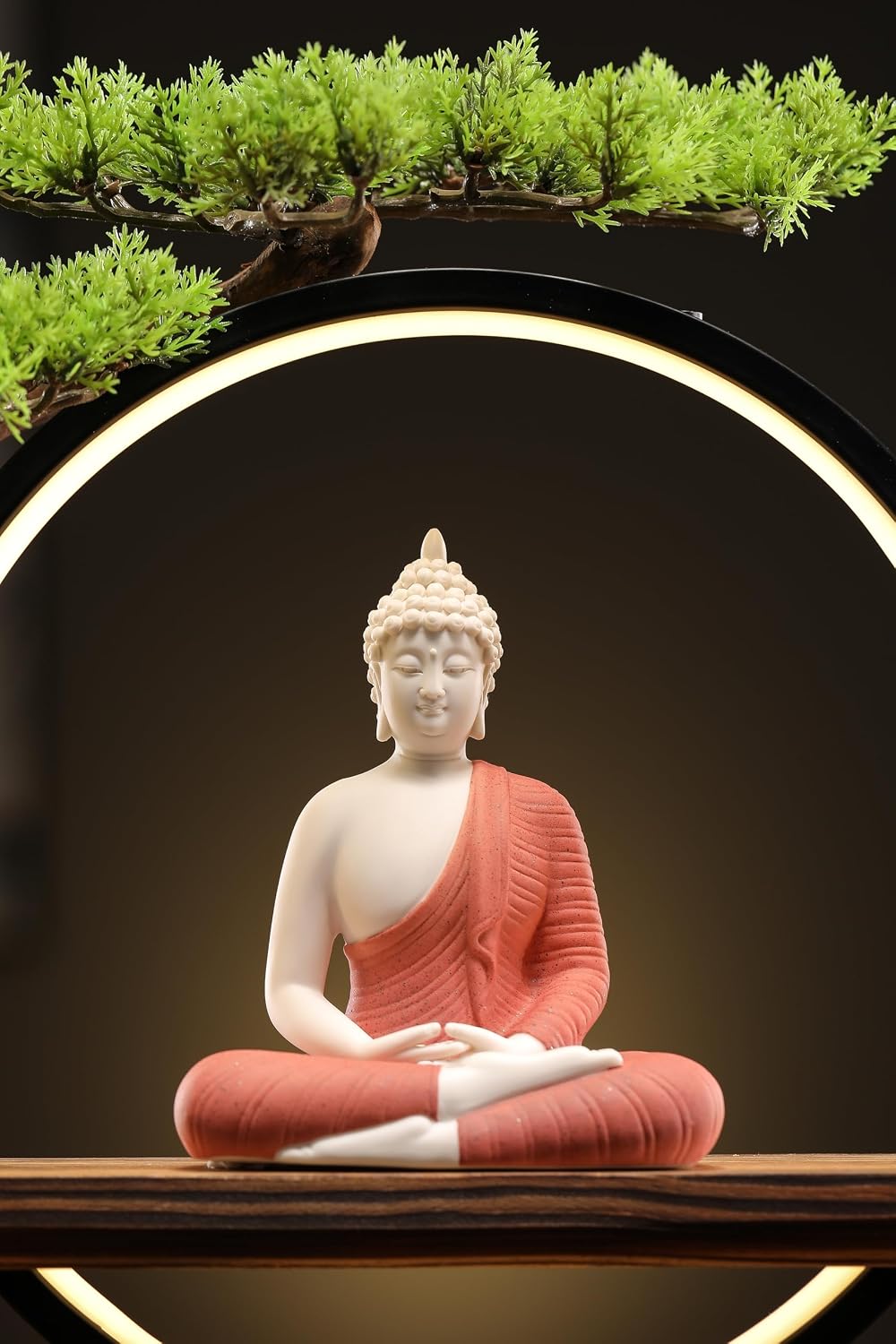 Houlu Red Buddha Statue with Green Artificial Tree and LED Circle Table Lamp, Indoor Ceramic Buddha Statues for Home Decor, 16.5 in