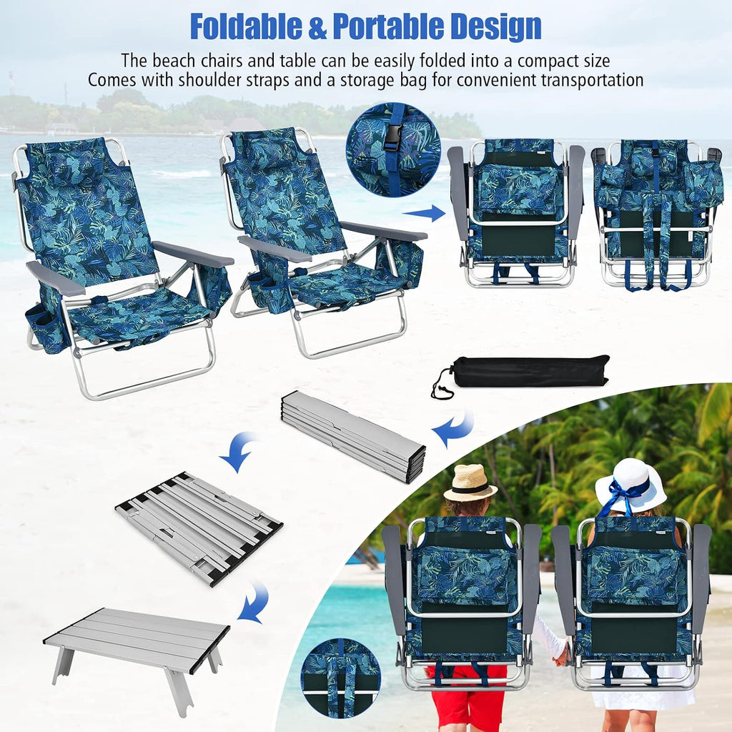 Tangkula Backpack Beach Chair with Table, 5-Position Lay Flat Lightweight Low Folding Beach Chairs with Cooler Bag, 2 Cup Holders, Towel Bar, Backpack Straps