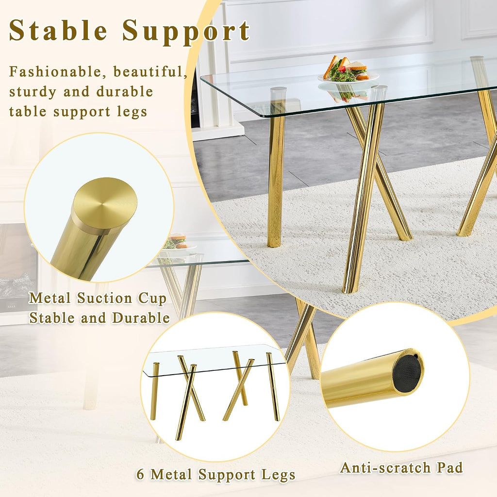 71' Glass Gold Dining Table for 4 6, Modern Kitchen Dining Room Table with 0.39' Thick Tempered Glass Tabletop and Metal Legs, Large Rectangle Dinner Tables for Home Kitchen Living Room