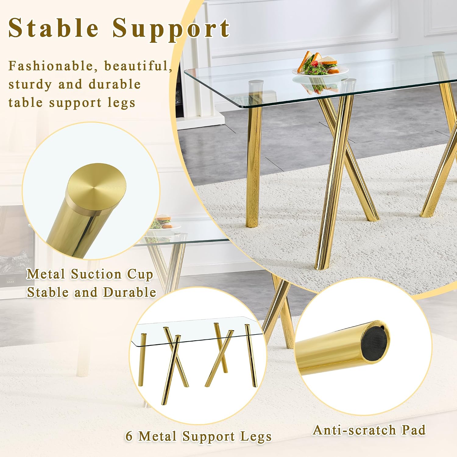 71' Glass Gold Dining Table for 4 6, Modern Kitchen Dining Room Table with 0.39' Thick Tempered Glass Tabletop and Metal Legs, Large Rectangle Dinner Tables for Home Kitchen Living Room