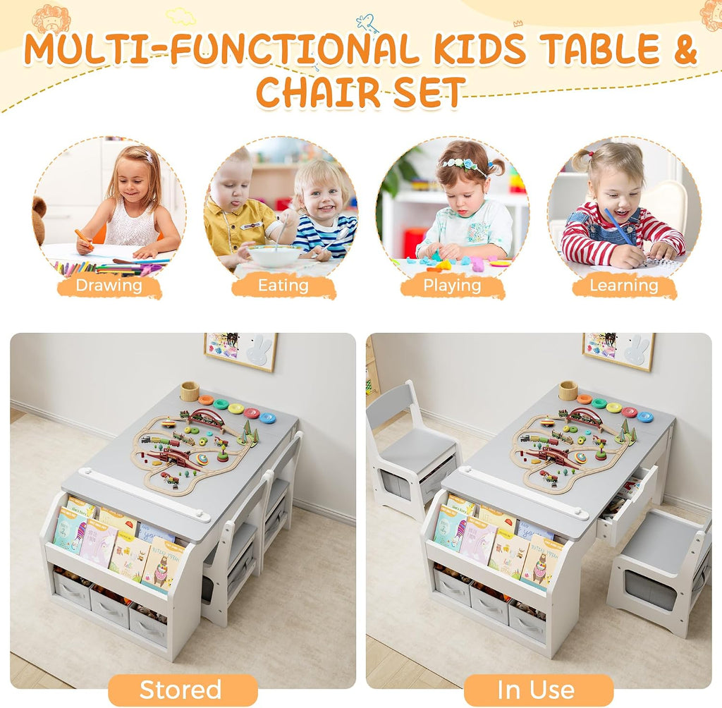 5-in-1 Kids Art Table and Chairs, Toddler Table and Chair Set, Craft Play Desk for Kids, Convertible Art Easel with Paper Roll Holder & Storage Drawers, Children Activity Learning Center-Light Grey