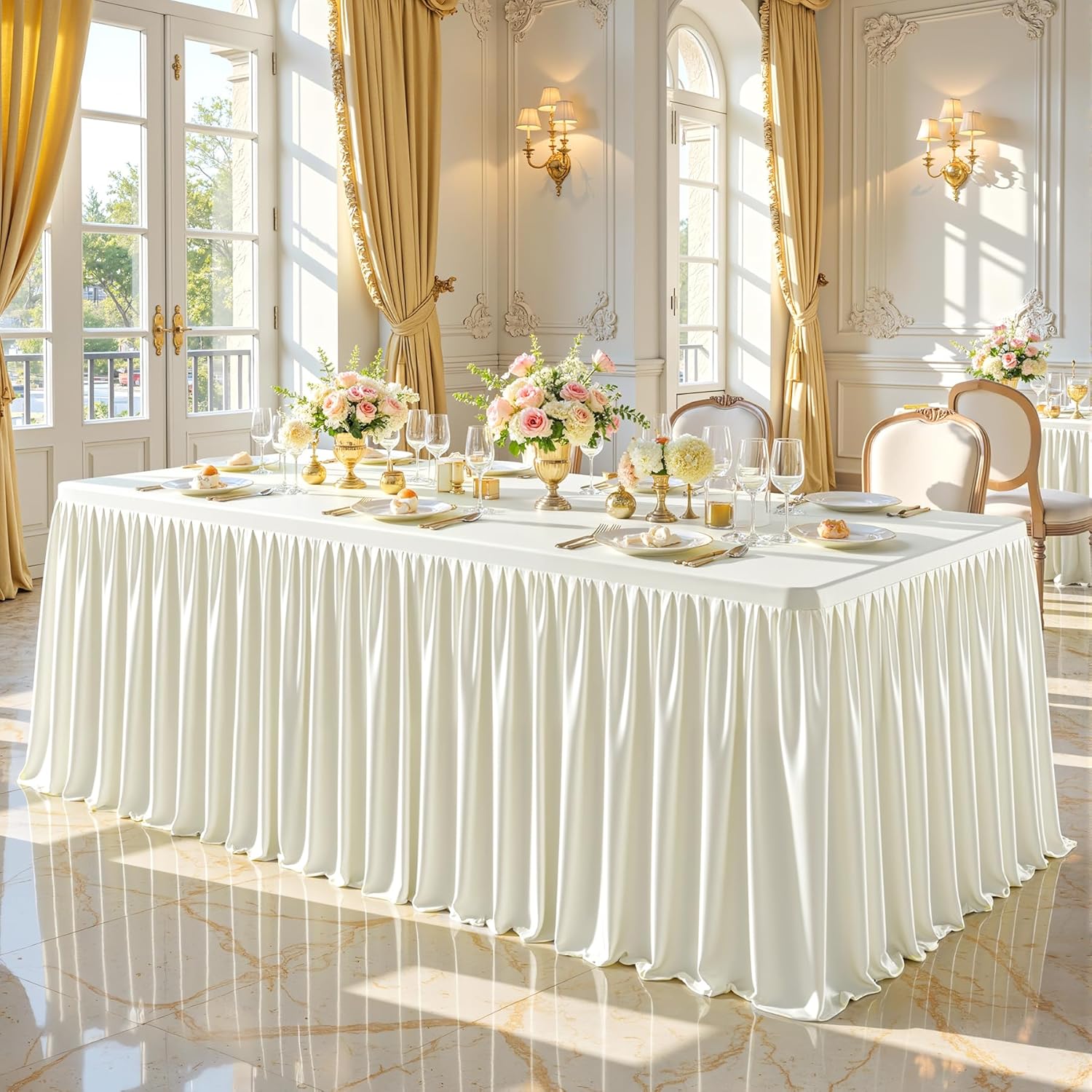 6 Packs Ivory Tablecloths Rectangle Tables 6ft, Stretch Fitted Table Covers for 6 Foot Tables Wrinkle Free Rectangle Table Cloth with Skirt for Birthday Party Events Banquet Baby Shower
