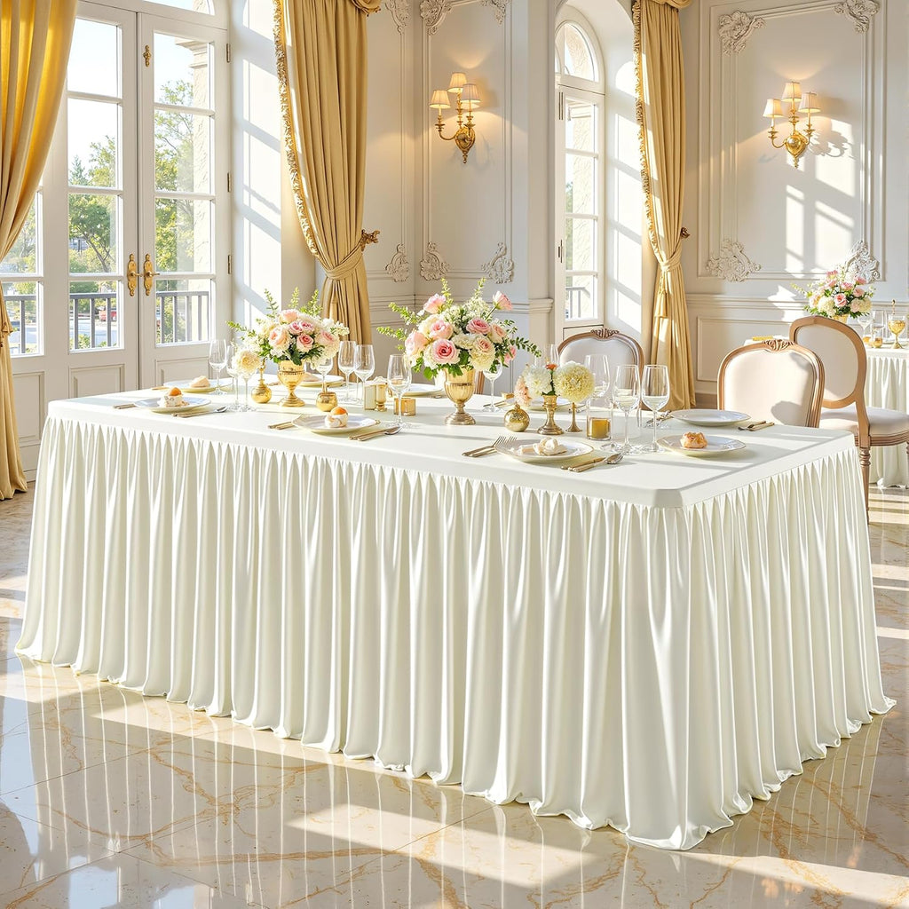 6 Packs Ivory Polyester Tablecloths Rectangle Tables 8ft, Stretch Fitted Table Covers for 8 Foot Tables Wrinkle Free Rectangle Table Cloth with Skirt for Birthday Party Events Banquet Baby Shower
