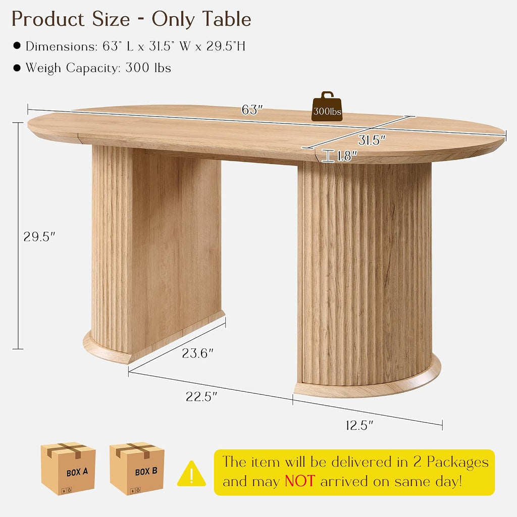 T4TREAM 63' Fluted Oval Dining Table for 4-6, Mid-Century Modern Kitchen Table with Thickened Edge & Semi-Cylindrical Base, Wood Table for Dining Room/Kitchen/Home Office, Natural Oak (Table Only)