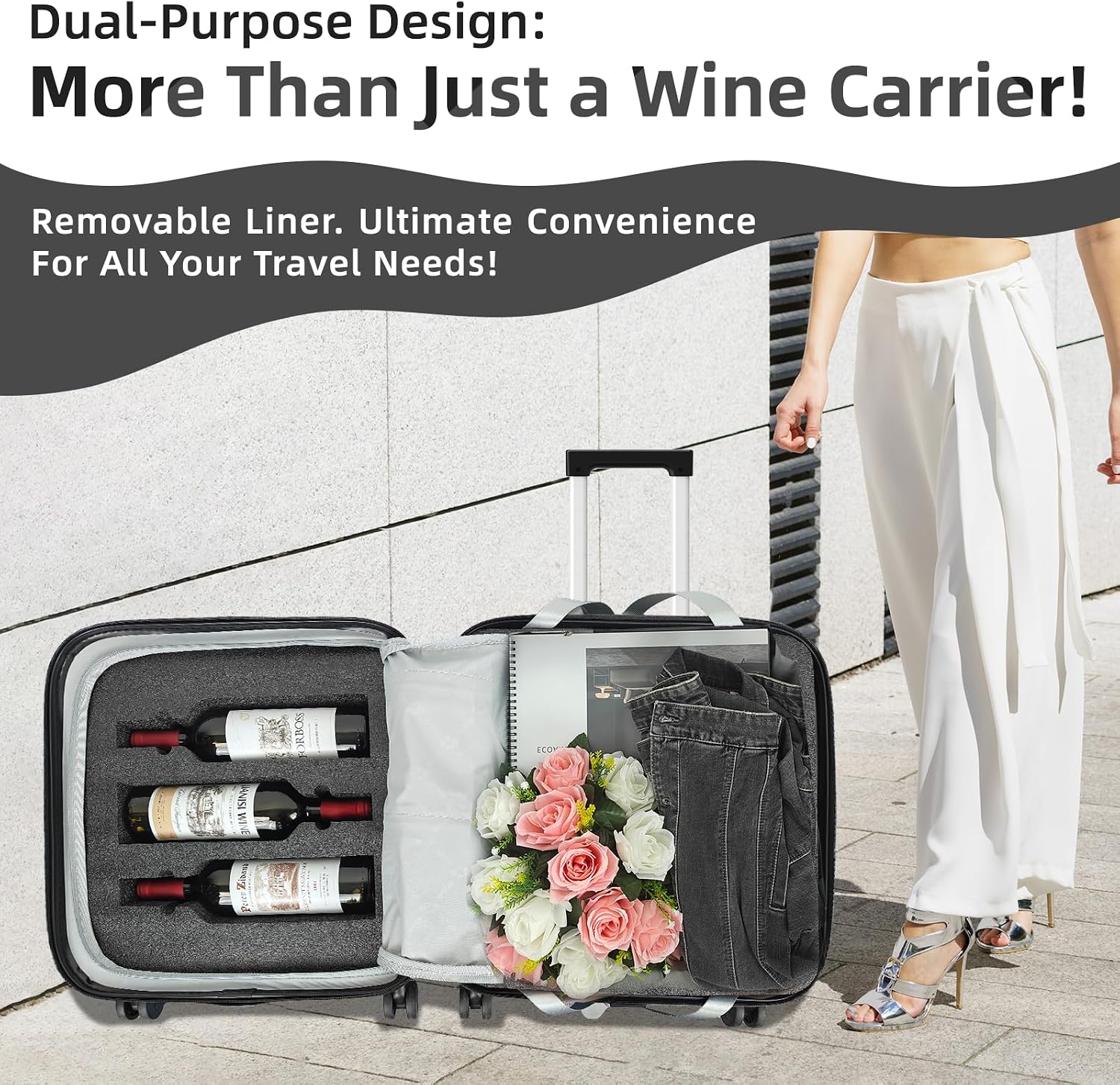 Wine Suitcase - 6 Bottle Travel Case with TSA Lock, Removable Inserts and Silent Spinner Wheels