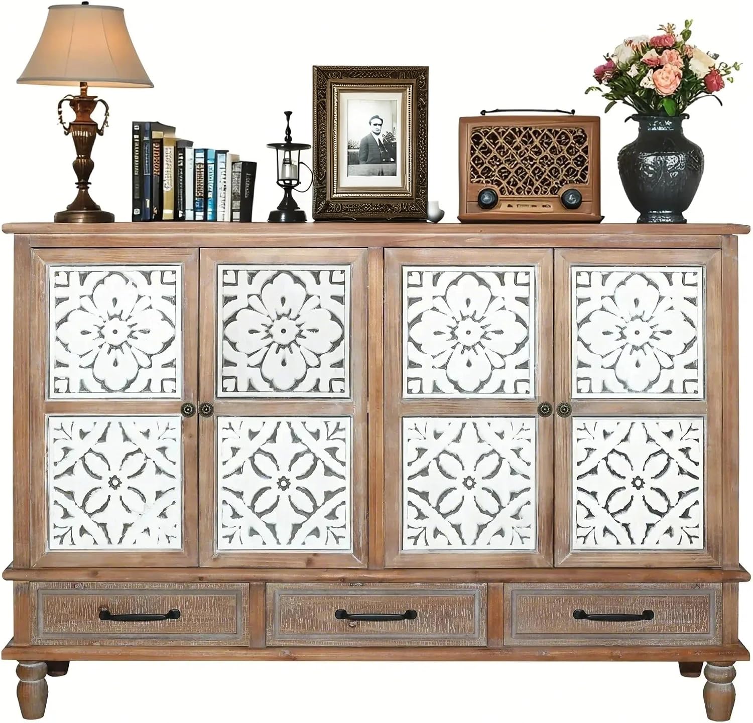 LKTART 59' Vintage Sideboard Buffet Cabinet with Storage,French Country Sideboard with Carved Doors,Farmhouse Credenza Accent Cabinet, Natural Wood