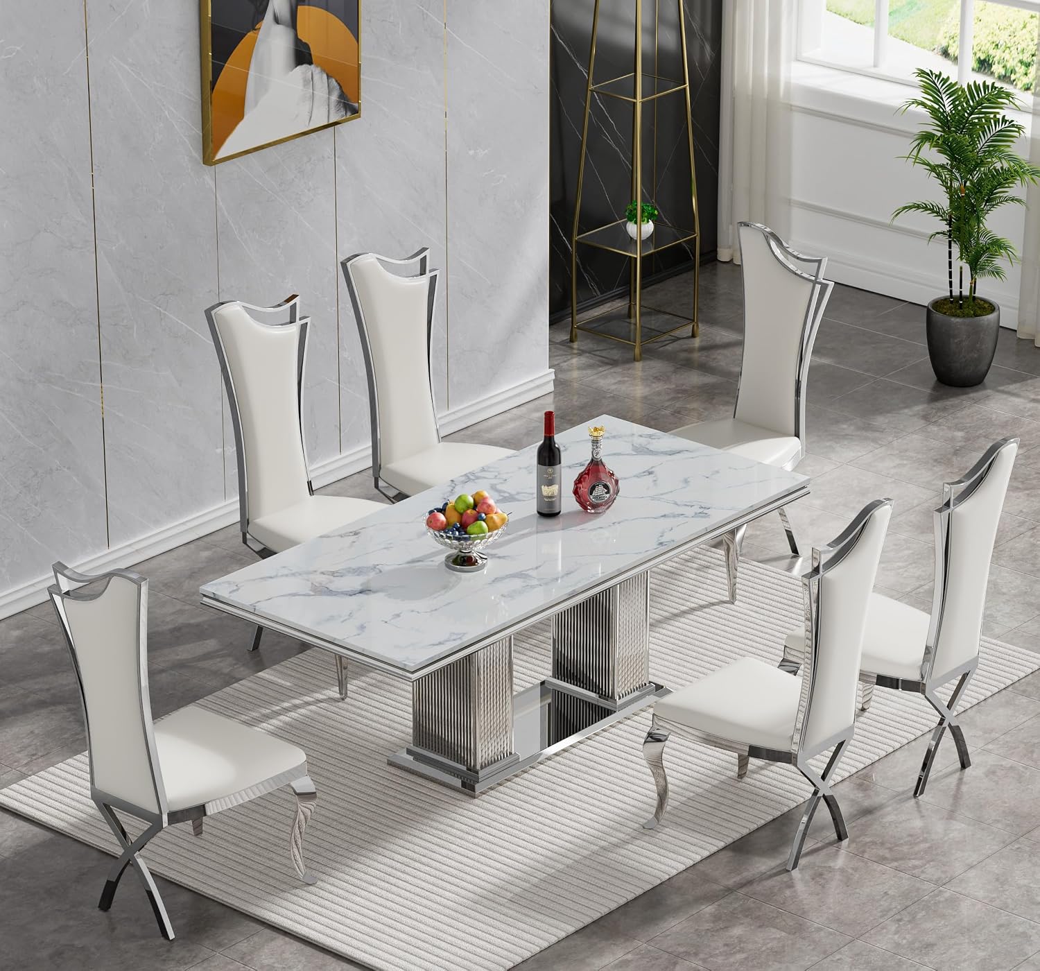 68' White Marble Dining Table for 6 to 8, Luxury Large Rectangular Faux Marble Tabletop & Silver Double Pedestal Base, Mid Century Modern Kitchen Dining Room Table for Dinner Family Gathering