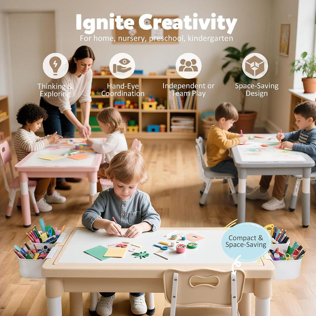 Kids Table and Chairs Set Large Storage, Height Adjustable Toddler Activity Table and 2 Chairs Set, 34.6x24.8' Graffiti/Block Building Desktop, 4 Side Boxes, Kids desk for Home, Preschool, Classroom
