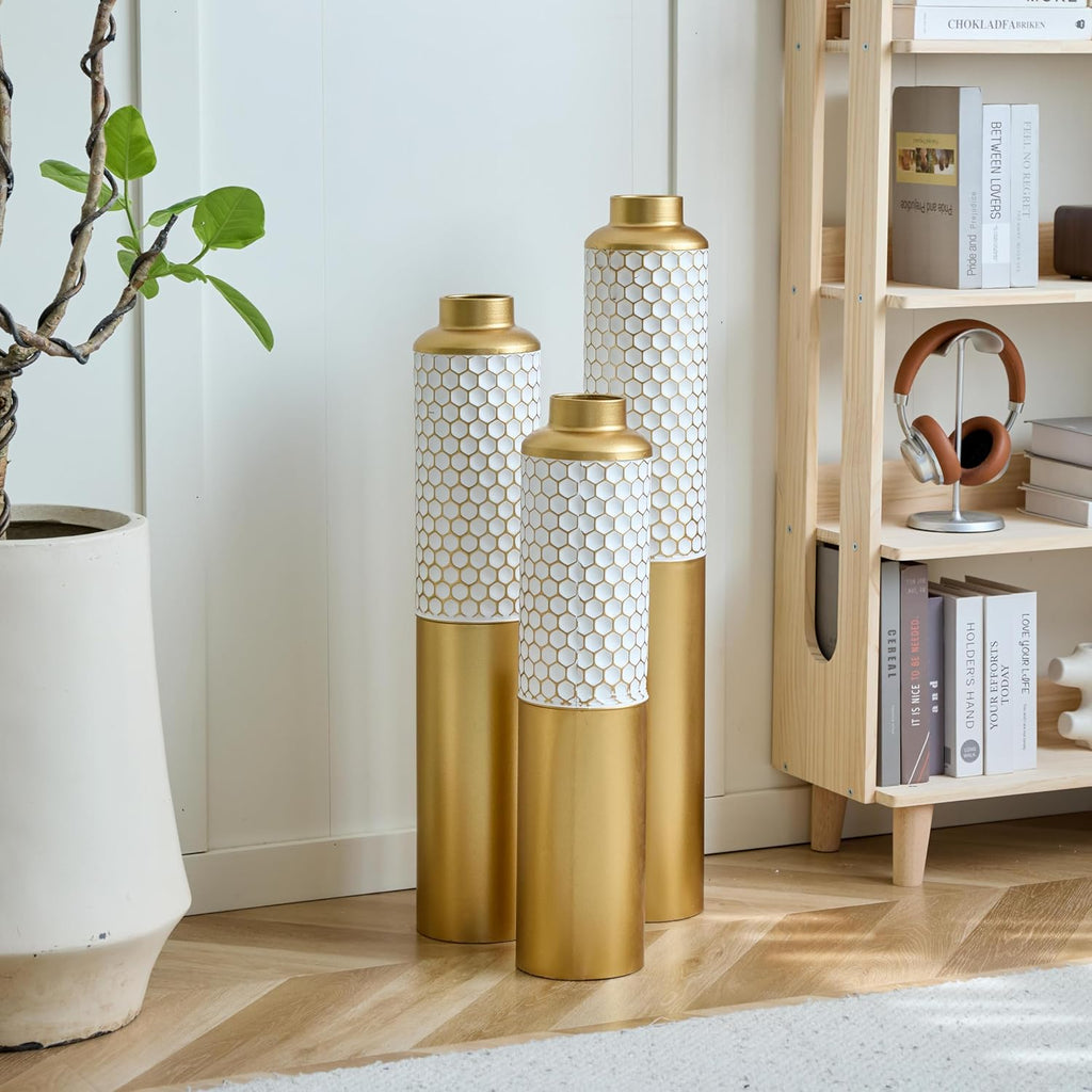 Floor Metal Vase Modern Style Decoration Home, Metal Vase 3-Piece Set for Living Room, Entryway & Office Decor, Rustproof Tall Standing Home Décor (Gold+White Hexagon)