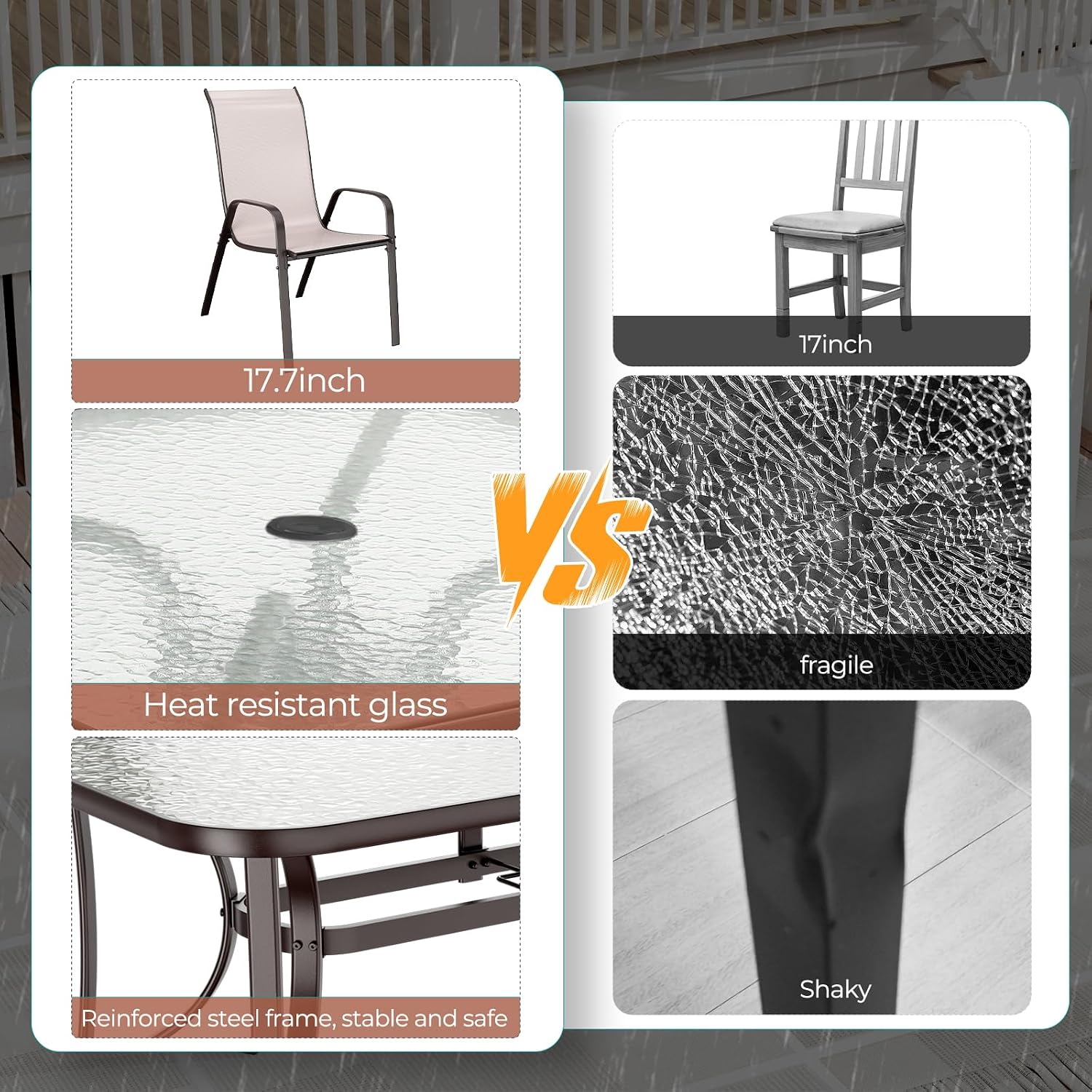 TLSUNNY Patio Dining Set for 6, Outdoor Table and Chairs W/1.69″ Umbrella Hole, 30'X 55' Table and Stackable Textilene Chair, All Weather Patio Furniture Set (Umbrella not Included) (Beige)