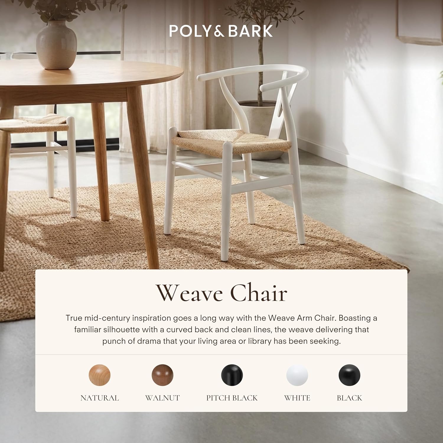 POLY & BARK Weave Dining Chair – Mid-Century Modern Wishbone Dining Chair with Arms, Solid Wood Frame, Indoor Use – White – Single - Ideal for Dining Room, Kitchen or Stylish Accent Setting
