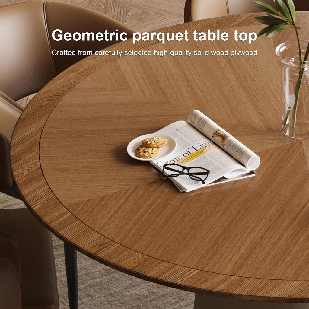 Round Faux Leather Base Dining Table for 4-6 People, Modern Wood Kitchen Table with Solid Veneer Top, 59.05' (59.1 inches (Diameter) x 29.8 inches (Height))