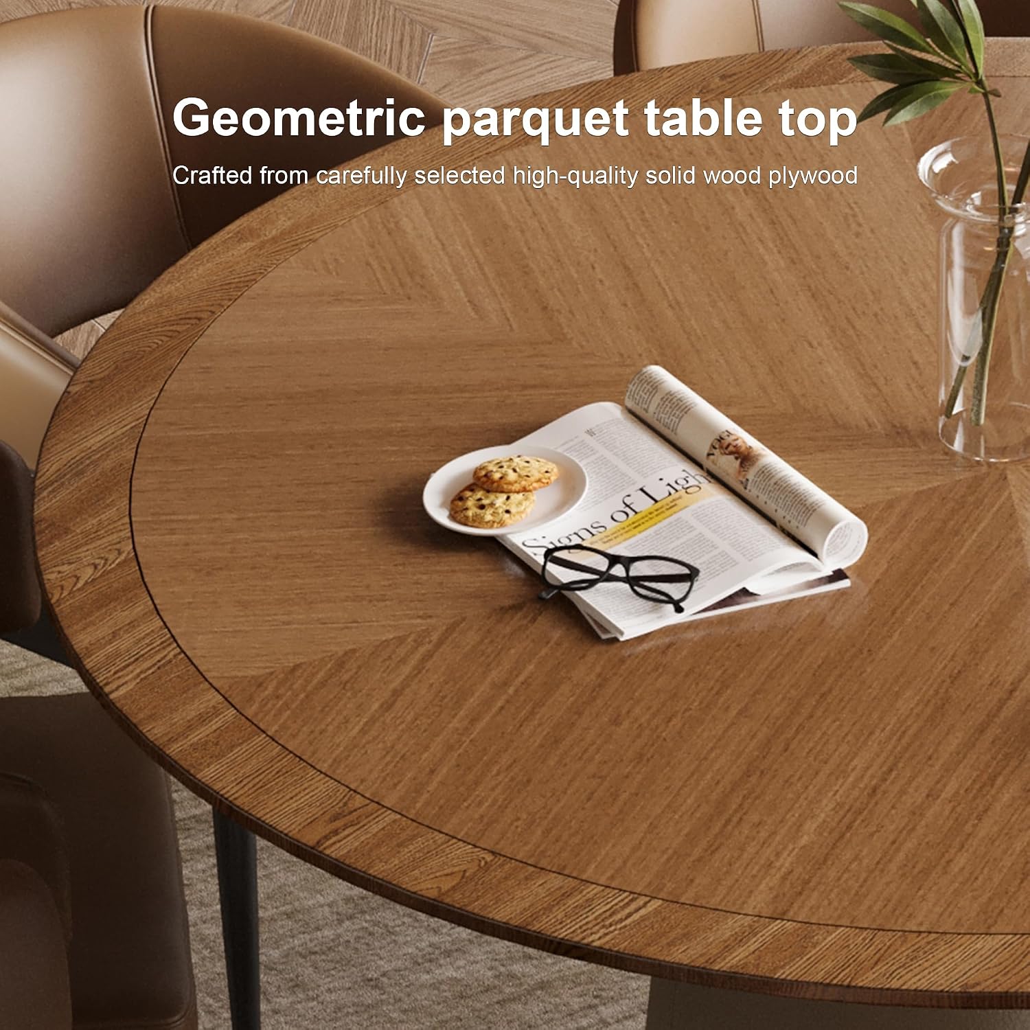 Round Faux Leather Base Dining Table for 4-6 People, Modern Wood Kitchen Table with Solid Veneer Top, 59.05' (59.1 inches (Diameter) x 29.8 inches (Height))