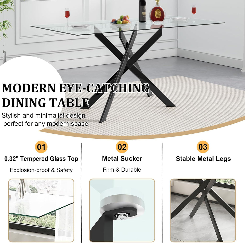 51.2' Glass Dining Table, Modern Kitchen Table for 4-6 People, Contemporary Rectangular Dining Room Dinner Tables with Clear Glass Top & Black Metal X Legs for Kitchen Apartment