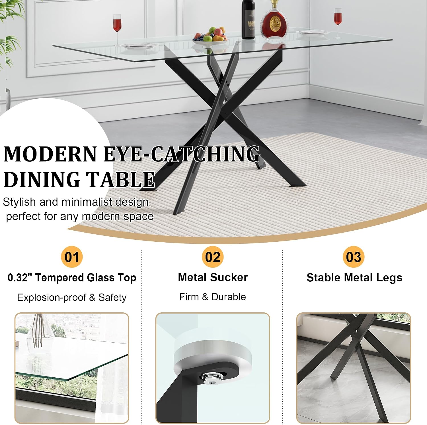 51.2' Glass Dining Table, Modern Kitchen Table for 4-6 People, Contemporary Rectangular Dining Room Dinner Tables with Clear Glass Top & Black Metal X Legs for Kitchen Apartment