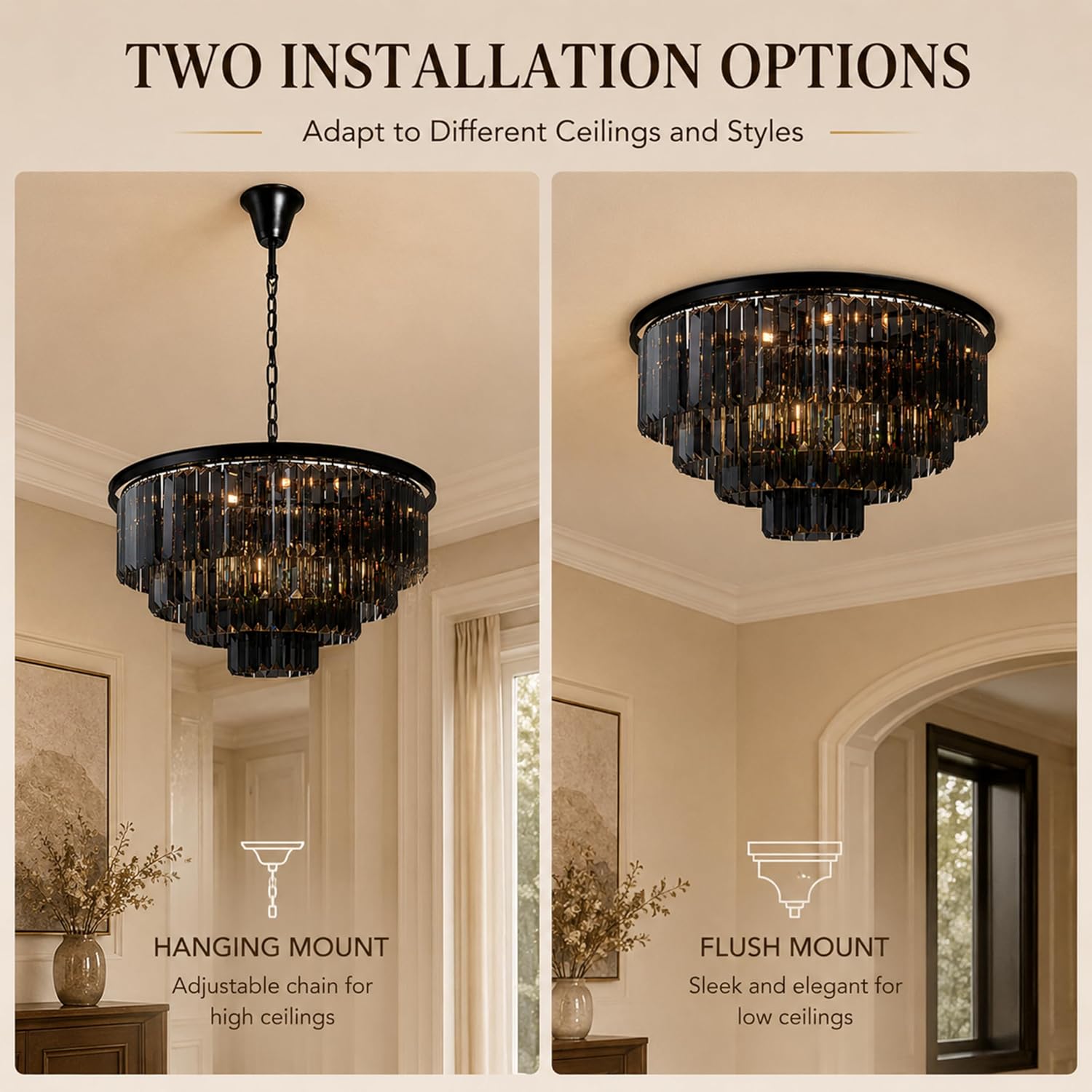 ALOADECOR 10-Light W32 in. Modern Odeon 4-Tier Round Fringe Crystal Chandelier in Matte Black Finish Frame with Smoke Crystal Accents Dual-Use Light for Dining Room Living Room Bedroom