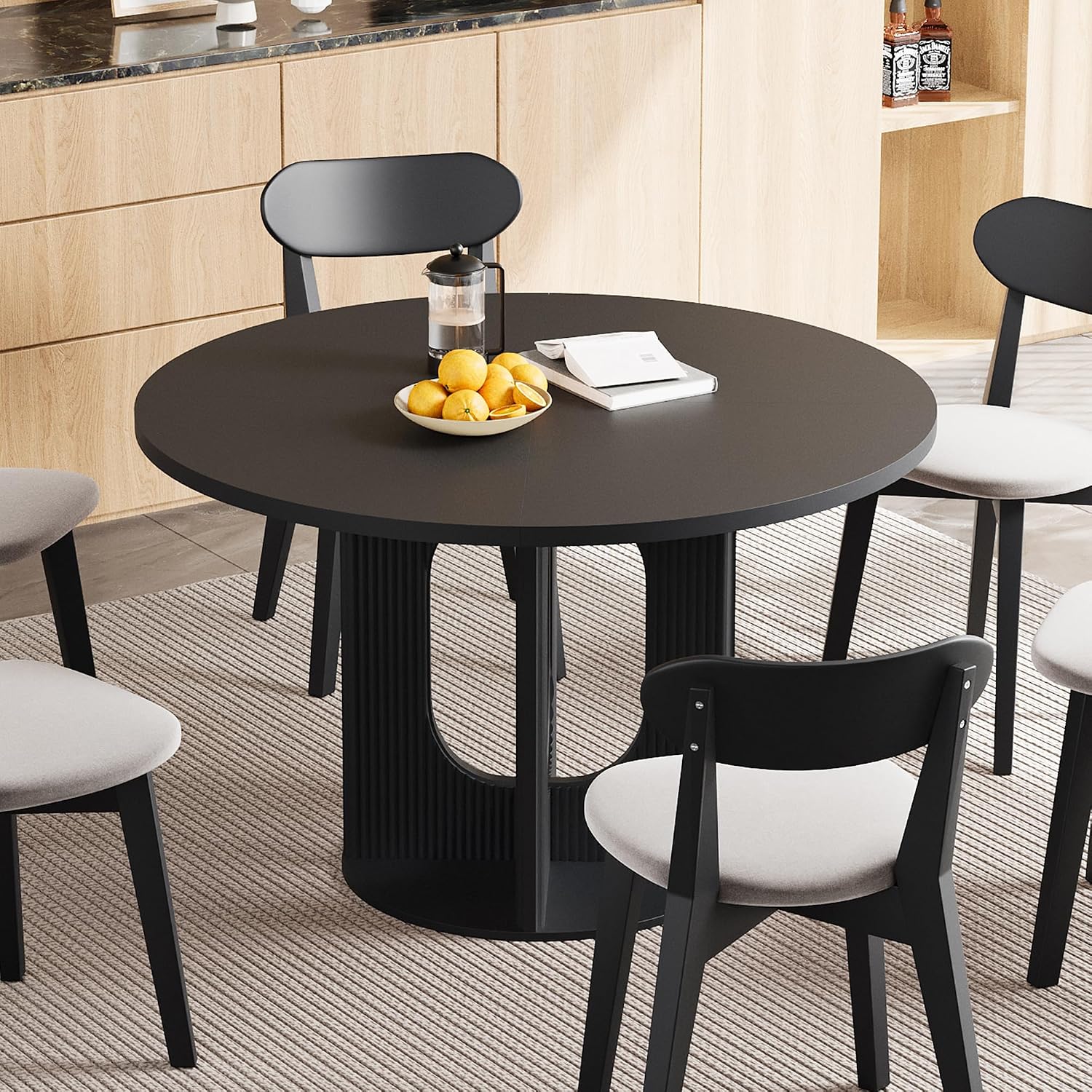 weselon Farmhouse Round Fluted Dining Table for 4, 47 Inch Circle Kitchen Table with Wooden Pedestal Base, Dinner Tables for Home Living Room Kitchen (Black)