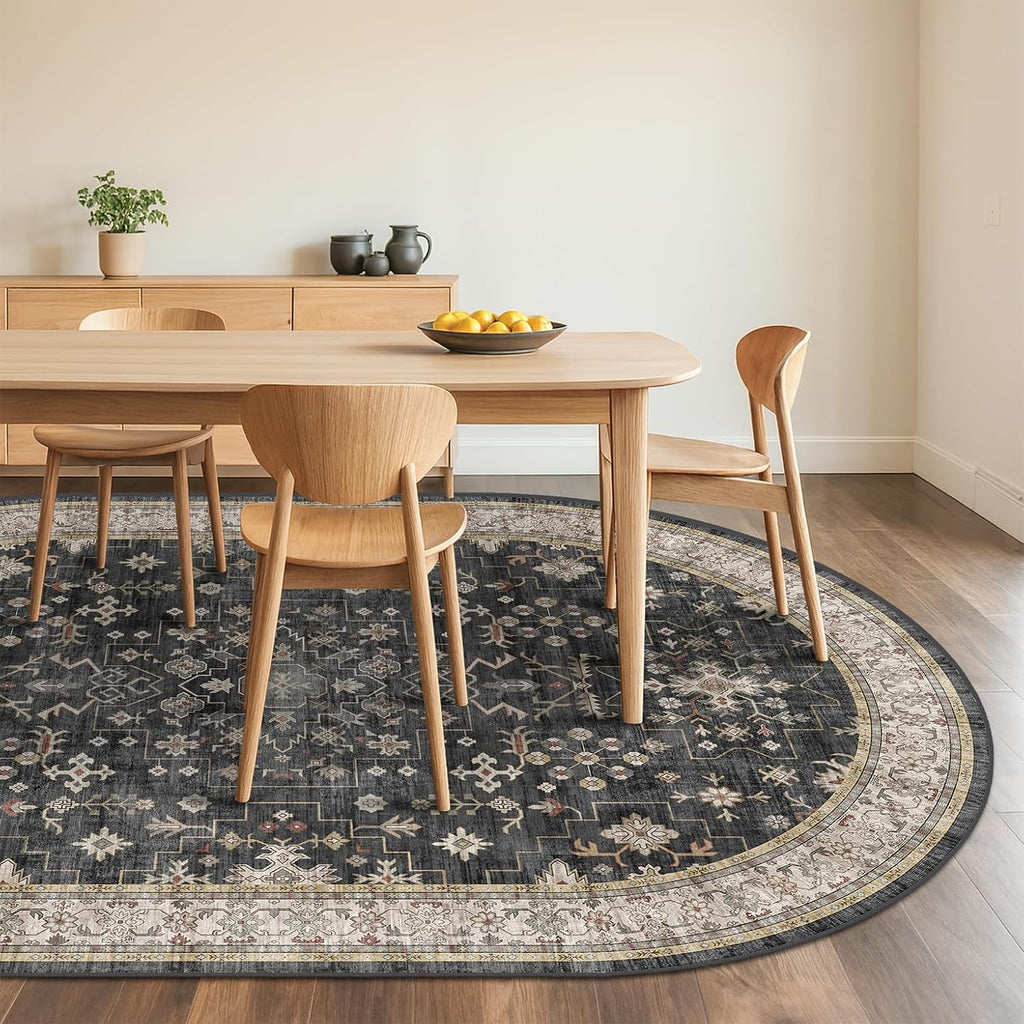 Boho Black Oval Area Rug 6x9 for Living Room, Vintage Washable Large Area Rug for Dining Room, Low Pile Non-Slip Rugs for Bedroom, Office - Charming Farmhouse Decor & Stain Resistant (6x9 Black/Multi)