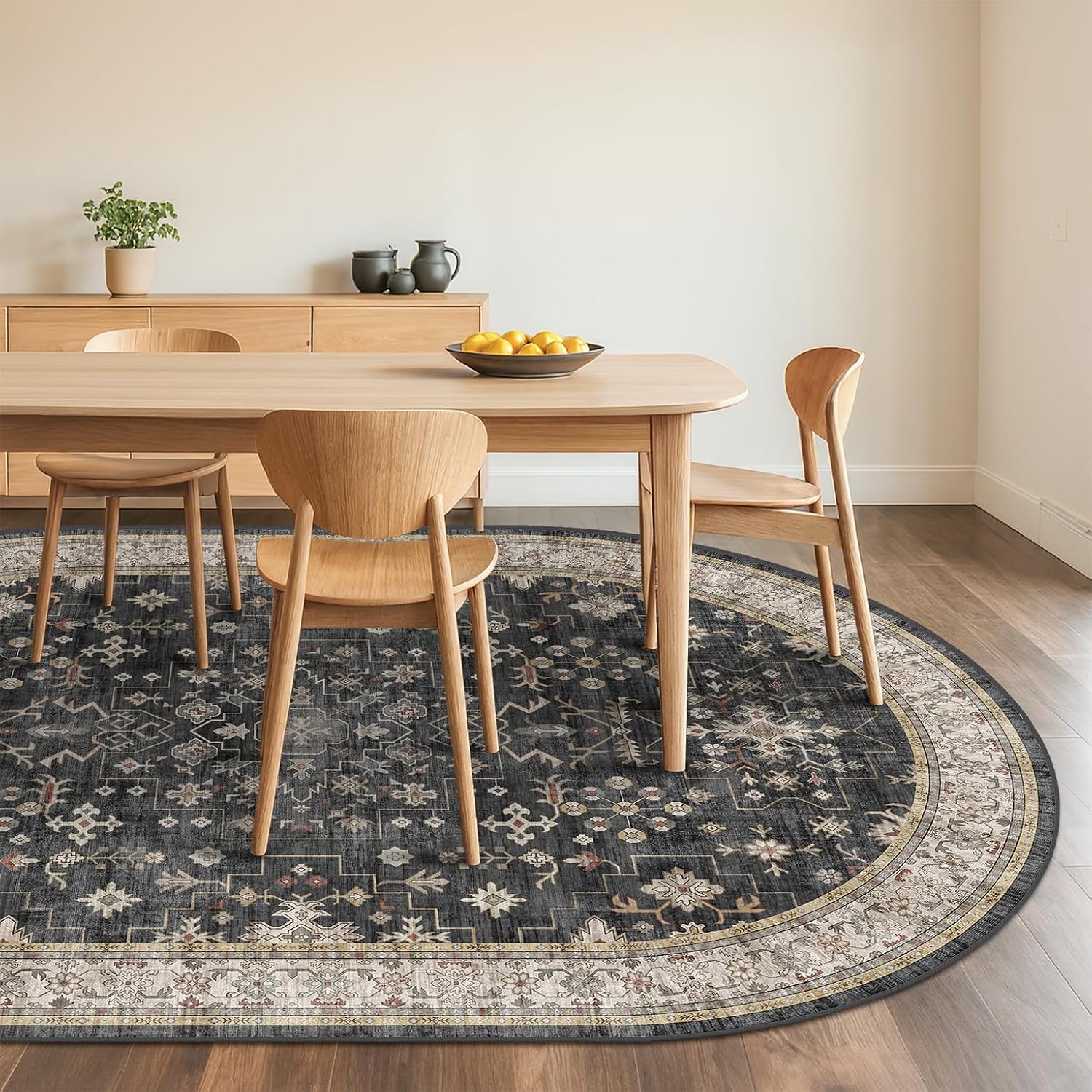 Boho Black Oval Area Rug 6x9 for Living Room, Vintage Washable Large Area Rug for Dining Room, Low Pile Non-Slip Rugs for Bedroom, Office - Charming Farmhouse Decor & Stain Resistant (6x9 Black/Multi)
