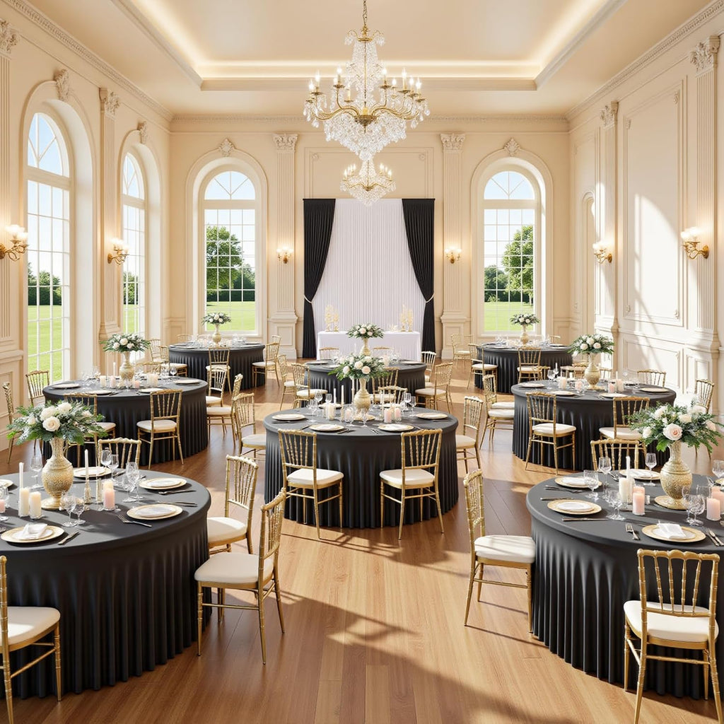 8 Pack Black Round Spandex Tablecloths for 60 inch Table, Wrinkle-Free Stretchy 5FT Fitted Round Table Covers with Skirt for Wedding Birthday Graduation Party Banquet Events