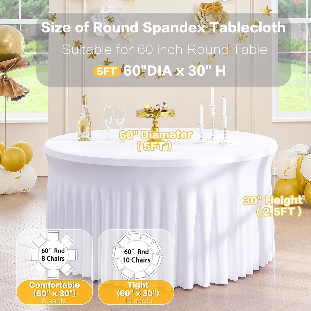 8 Pack White Round Spandex Tablecloth for 60 inch Table, Wrinkle Free Stretchy 120inch Fitted 5FT Round Table Cloths Cover with Skirt for Wedding Birthday Party Dining Banquet Thanksgiving Events