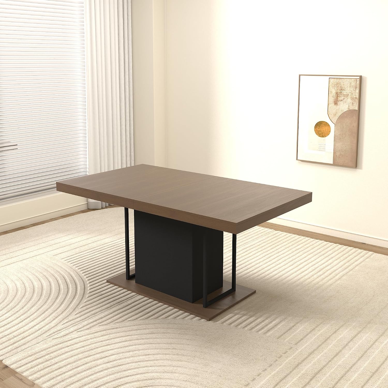 78.74'' Extendable Rectangular Dining Table for 4-8, Modern Mid-Century Wood Expandable Kitchen Dinner Conference Table for Living Room Office, Widen Pedestal Base, Black & Brown