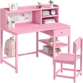 BOLUO Pink Kids Desk and Chair Set for 6-12 Year Old, Children Study Desk with Hutch and Storage Shelf, Student Writing Table with Fabric Drawer for Girls Boys