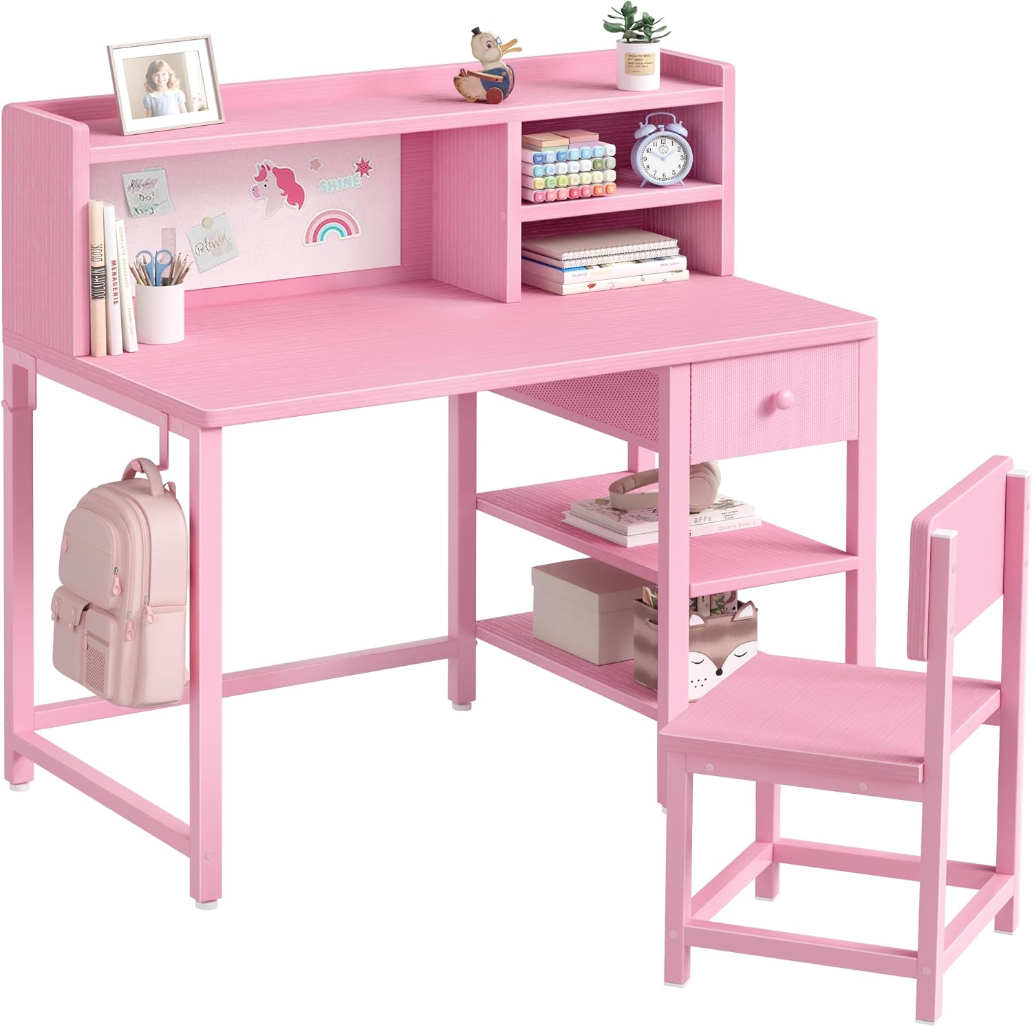 BOLUO Pink Kids Desk and Chair Set for 6-12 Year Old, Children Study Desk with Hutch and Storage Shelf, Student Writing Table with Fabric Drawer for Girls Boys