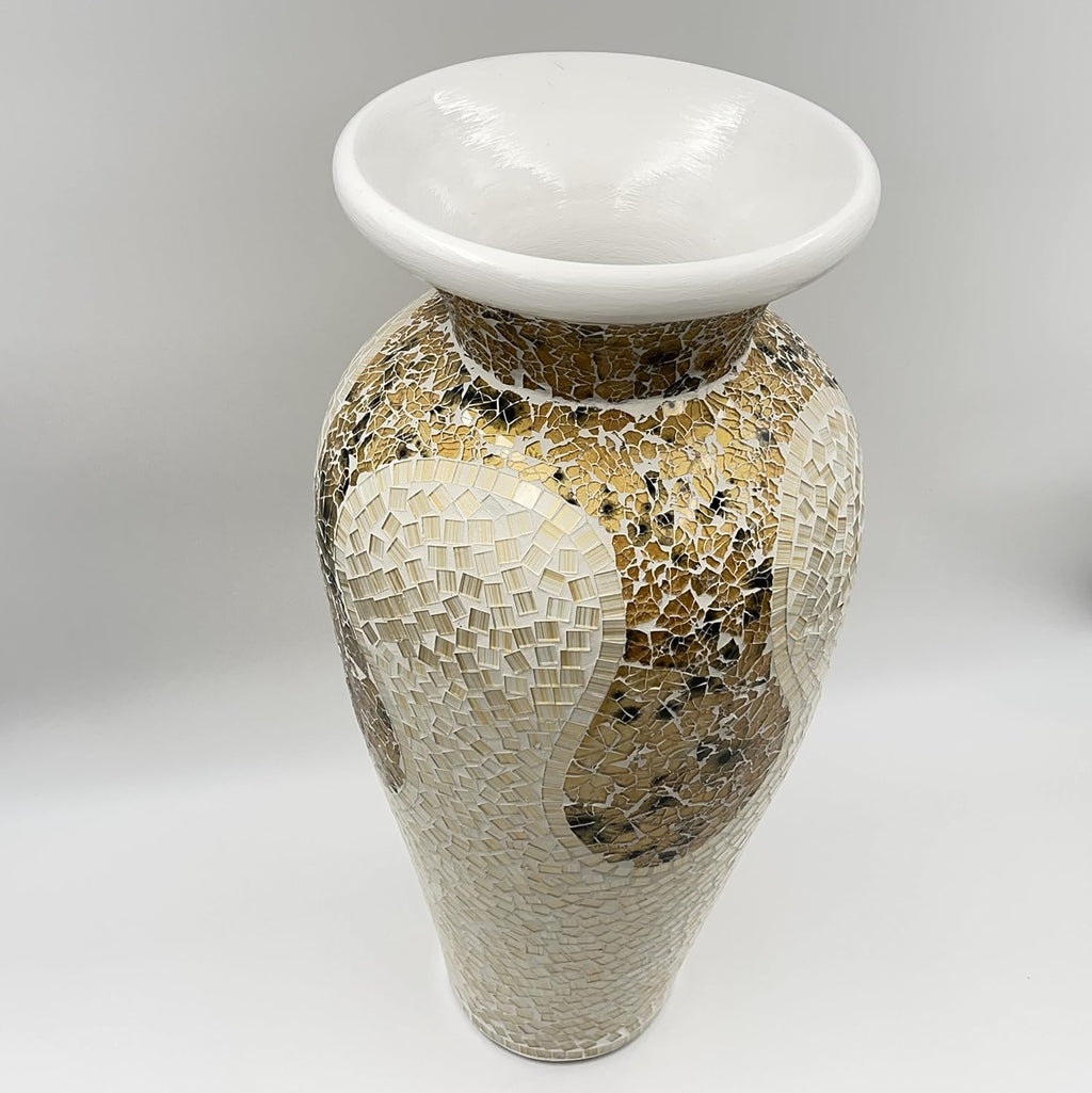 Floor Vase – Tall Cylinder Made of Terracotta with Light Caramel and White Glass Mosaic Pieces – Exquisite Home Décor Accent Piece (24 x 10 Inches)