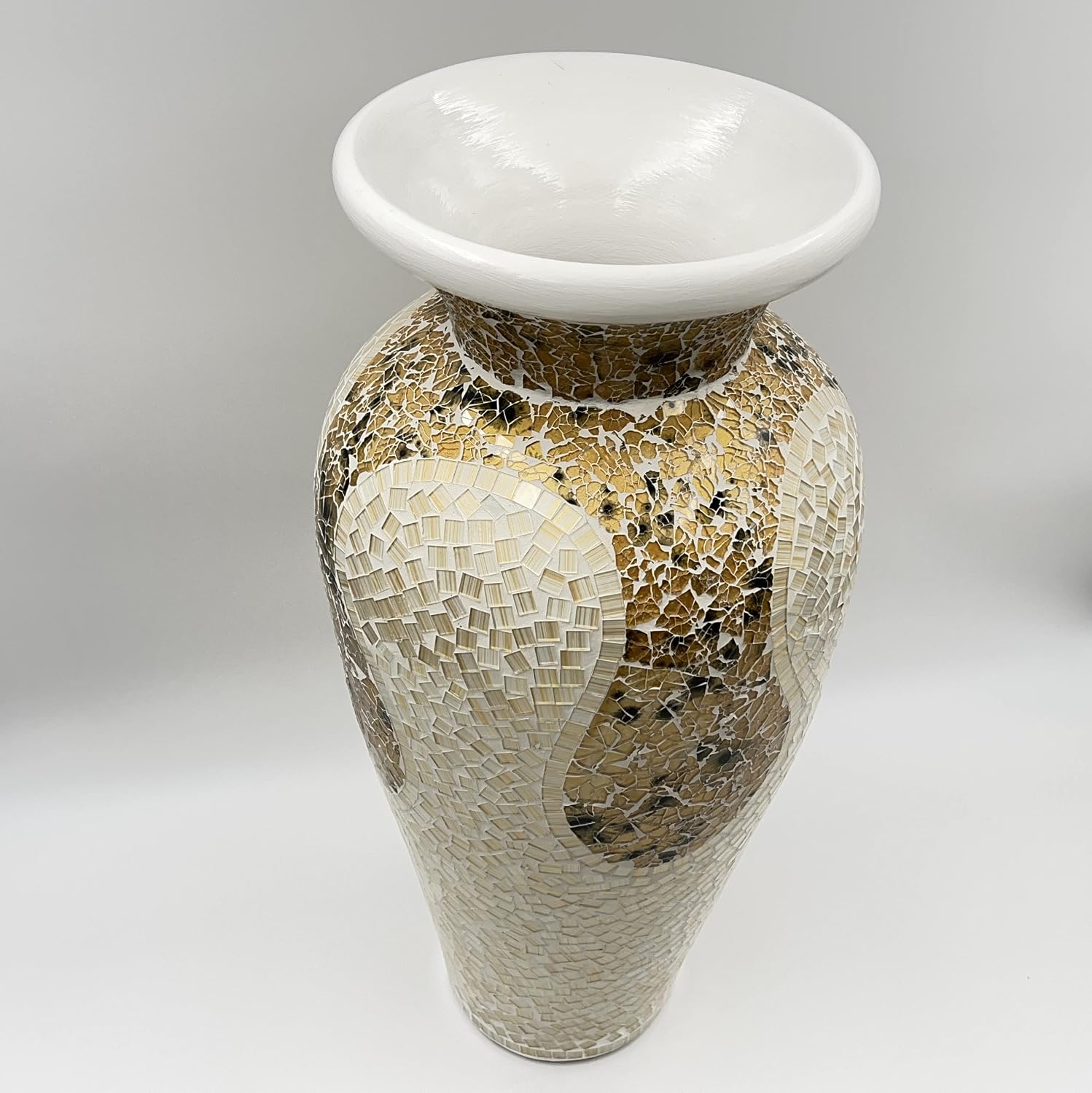 Floor Vase – Tall Cylinder Made of Terracotta with Light Caramel and White Glass Mosaic Pieces – Exquisite Home Décor Accent Piece (24 x 10 Inches)