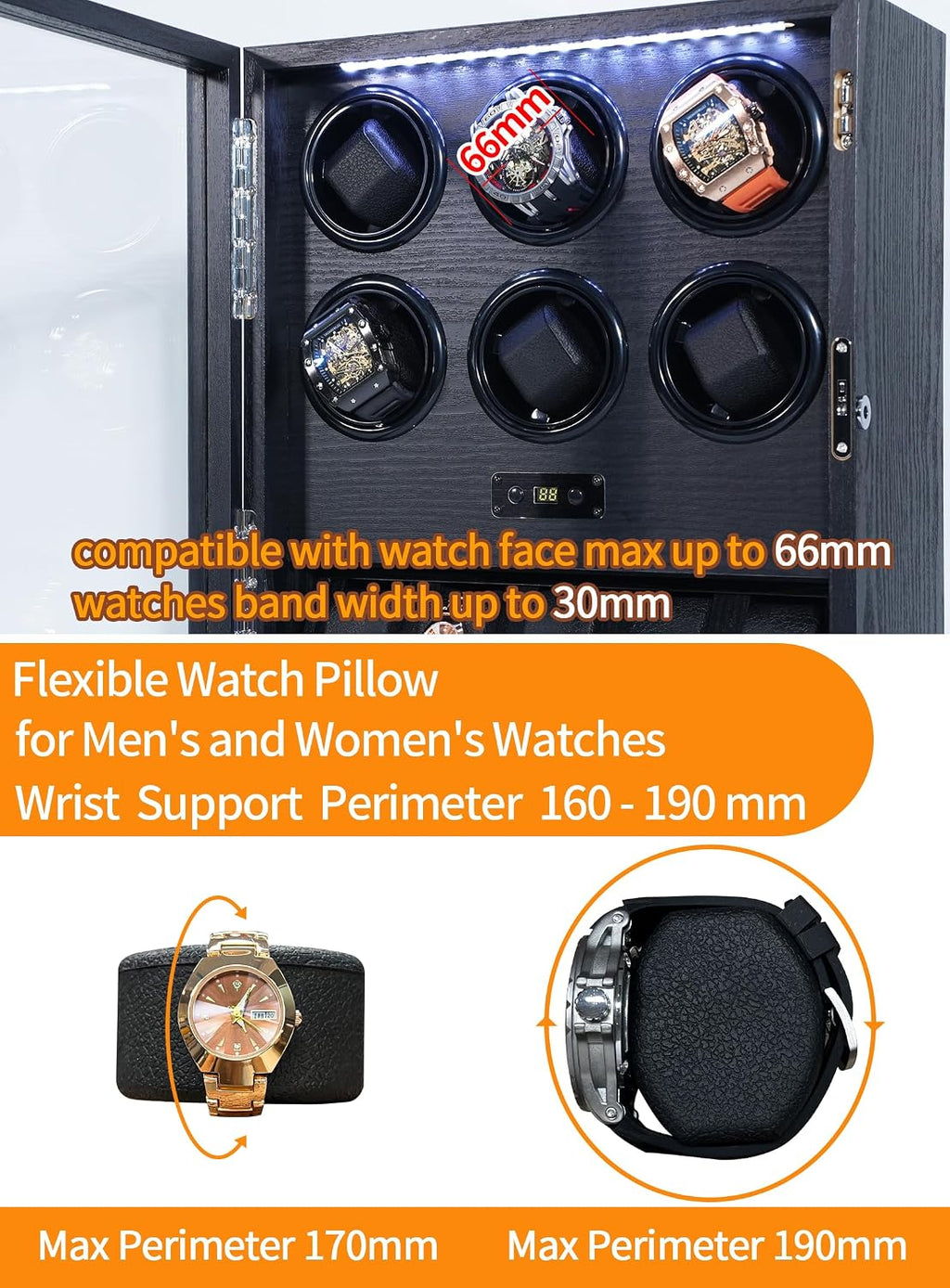 Watch Winder for 2/4/6/8 Automatic Watches, Watch Rotator for Rolex 15 Rotation Modes Display Box White Light, Watches Winder Case with USB-C Adapter, Present for Men Quiet Mabuchi Motor(≤5db)