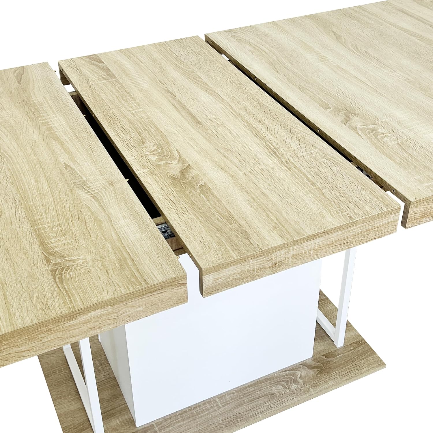 78.74'' Extendable Rectangular Dining Table for 4-8, Modern Mid-Century Wood Expandable Kitchen Dinner Conference Table for Living Room Office, Widen Pedestal Base, White & Oak