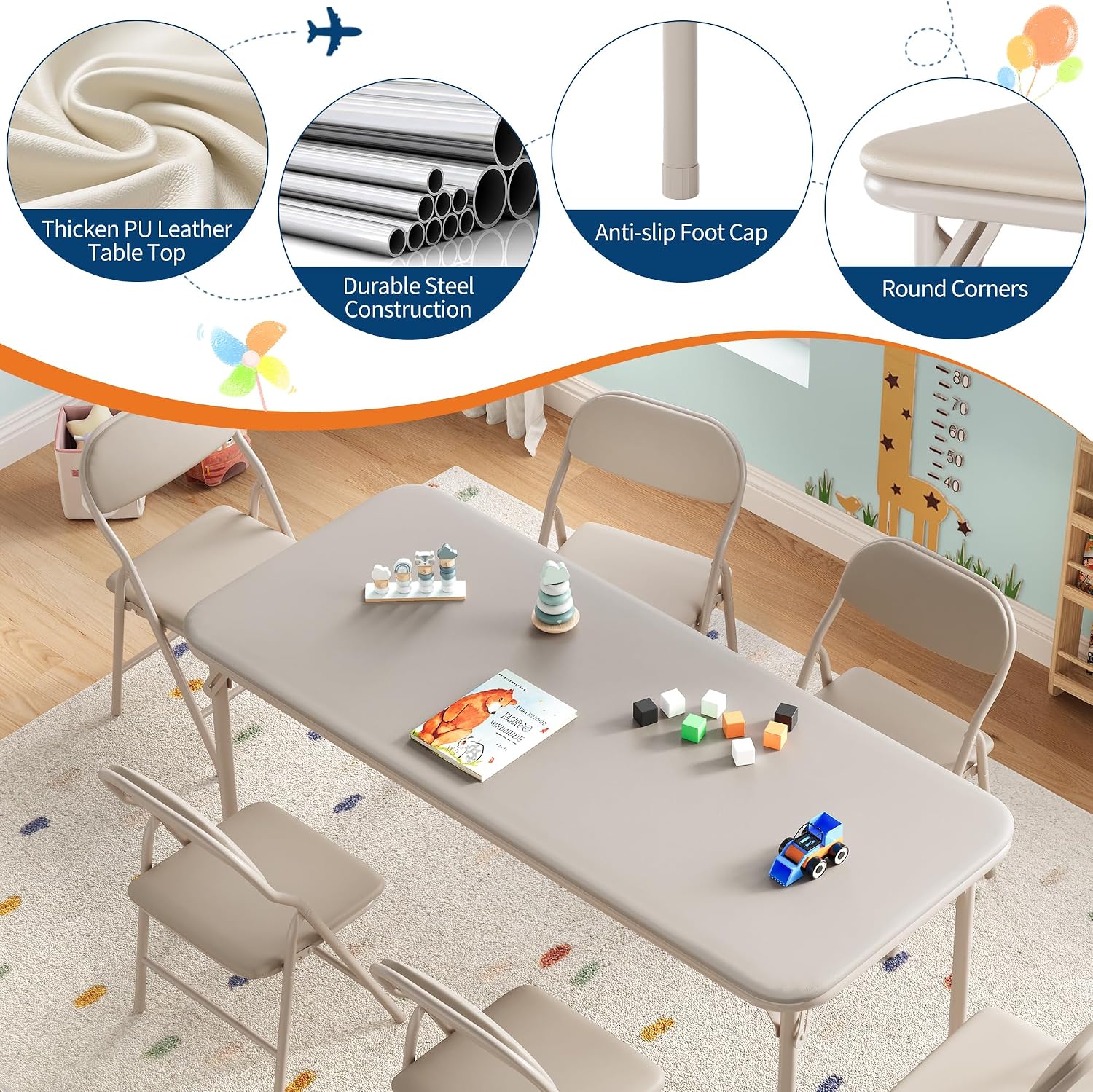 GAOMON 7 Piece Set Folding Table and Chairs Set, Boys and Girls Activity Table and Chairs Set for Dining Room,Daycare,Classrooms