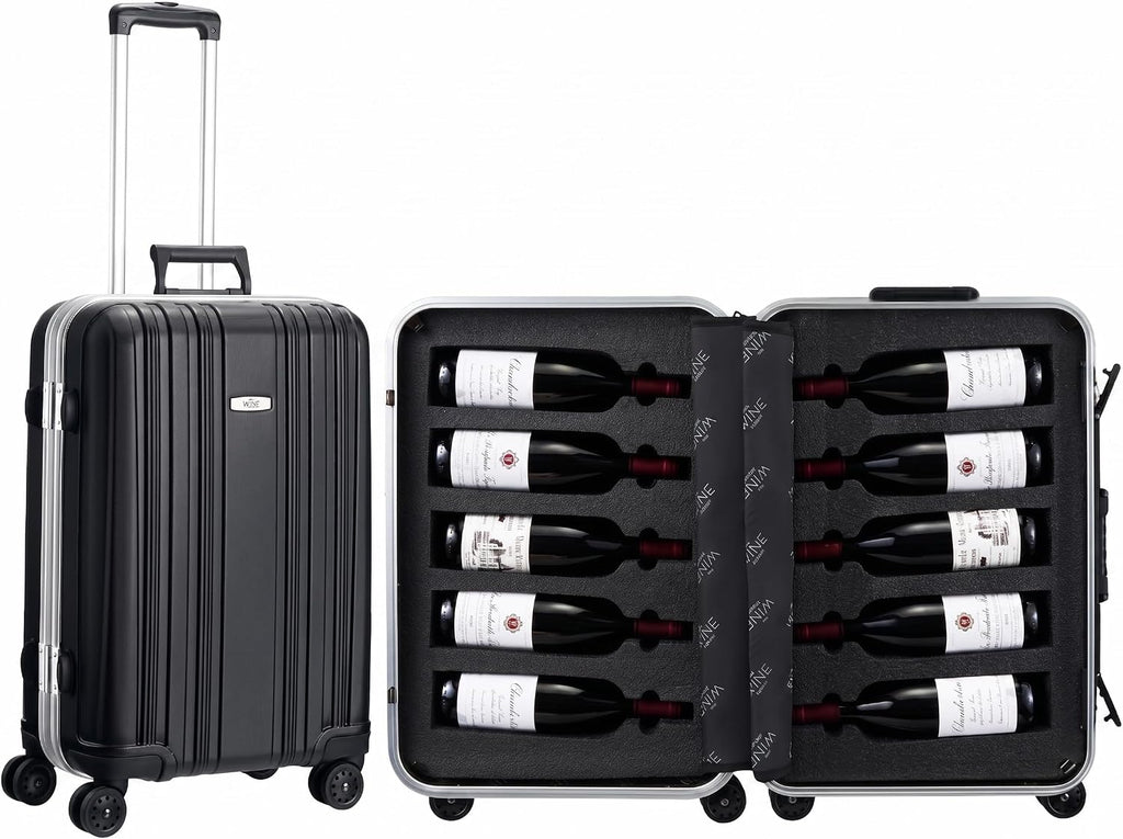 Wine Bottle Suitcase Aluminum | Holds 10 Standard 750 ML Bottles | Universal Airplane Luggage Case, TSA Approved Wheeled Bag For Professionals & Consumers, Gift For Wine Lovers, Connoisseurs (23 IN)