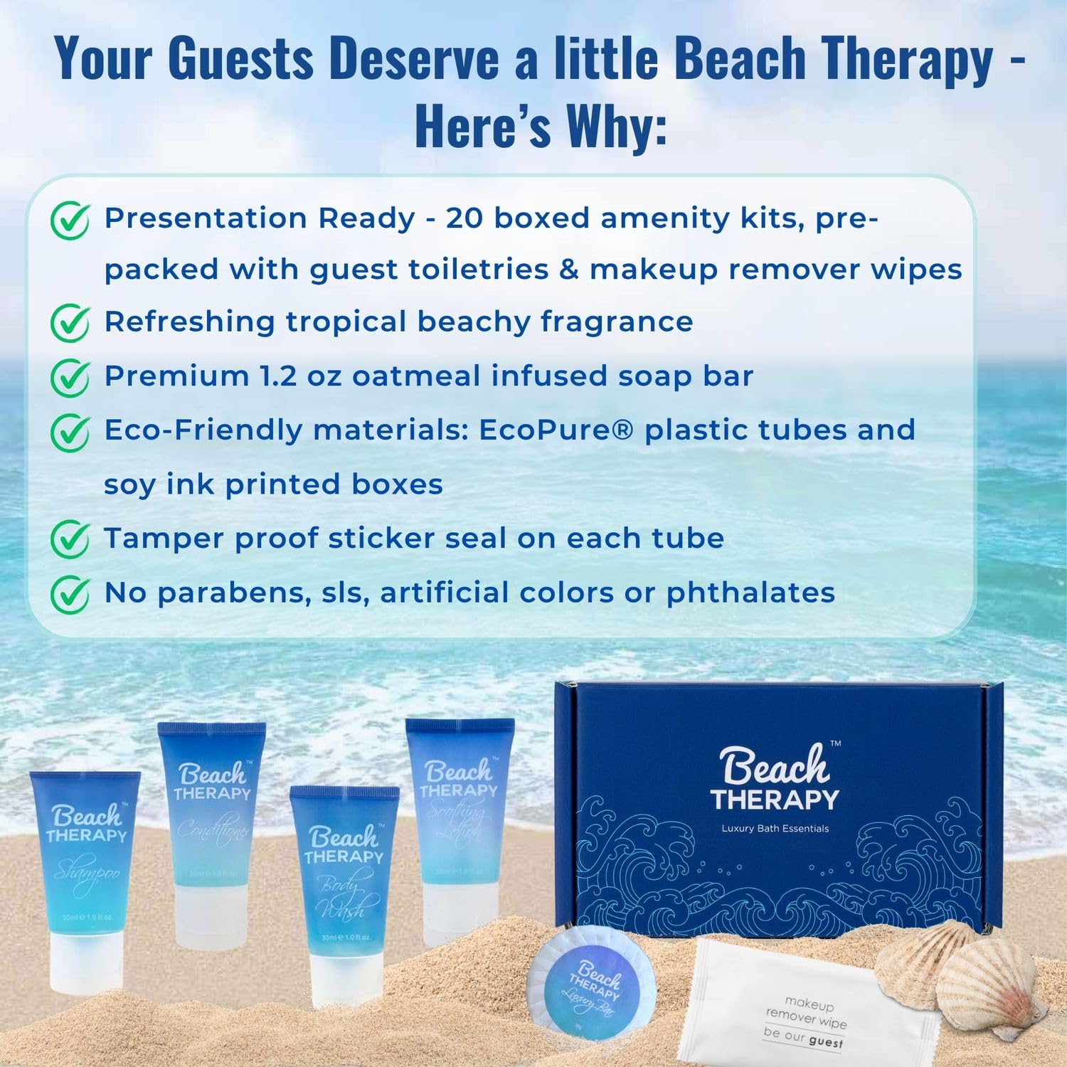 20 Display Ready Boxed Amenity Kits with Premium Hotel Toiletry Essentials - 1 oz Shampoo, Conditioner, Body Wash, Body Lotion, 1.2 oz Guest Soap & 2 Makeup Remover Wipes - Air bnb & Vacation Rentals