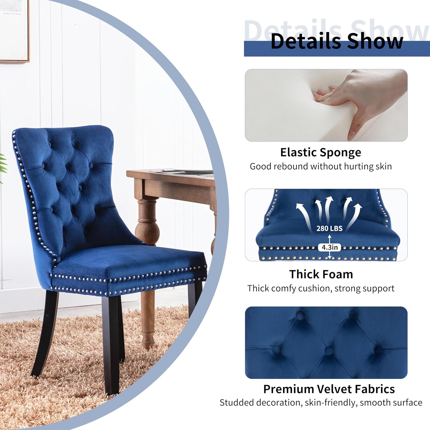 Modern Luxury Round Glass Dining Set for 4, 5 Pcs Small Minimalist Circle Kitchen Table Set, 36'' Clear Circular Glass Top Dinner Room Set, Blue High-end Tufted Chairs, for Apartment (Black)