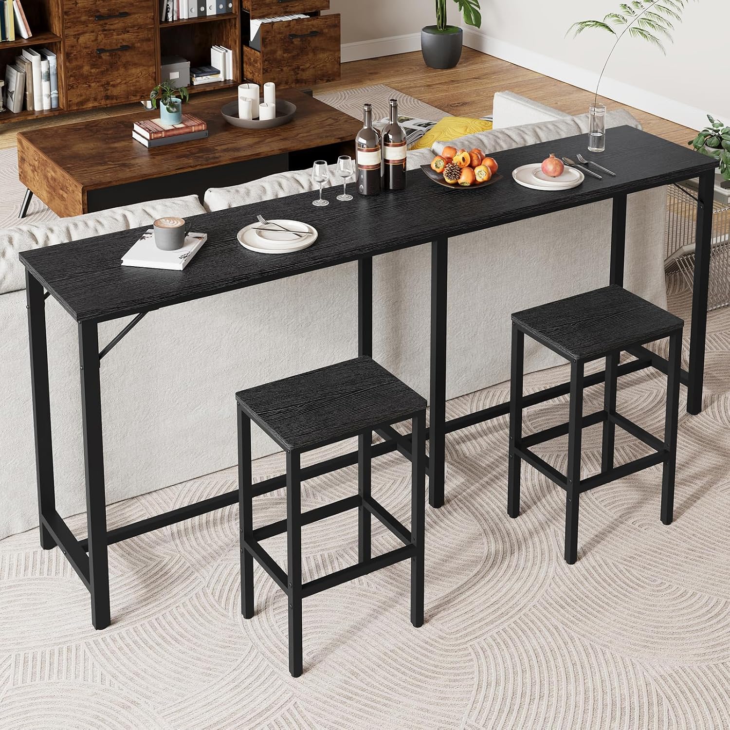 YATINEY 70.9' Bar Table and Chairs Set, Dining Table and Chair Sets, 3 Piece Counter Height Table and 2 Stools, Kithcen Table for Home Restaurant, Bar, Black BT09BB